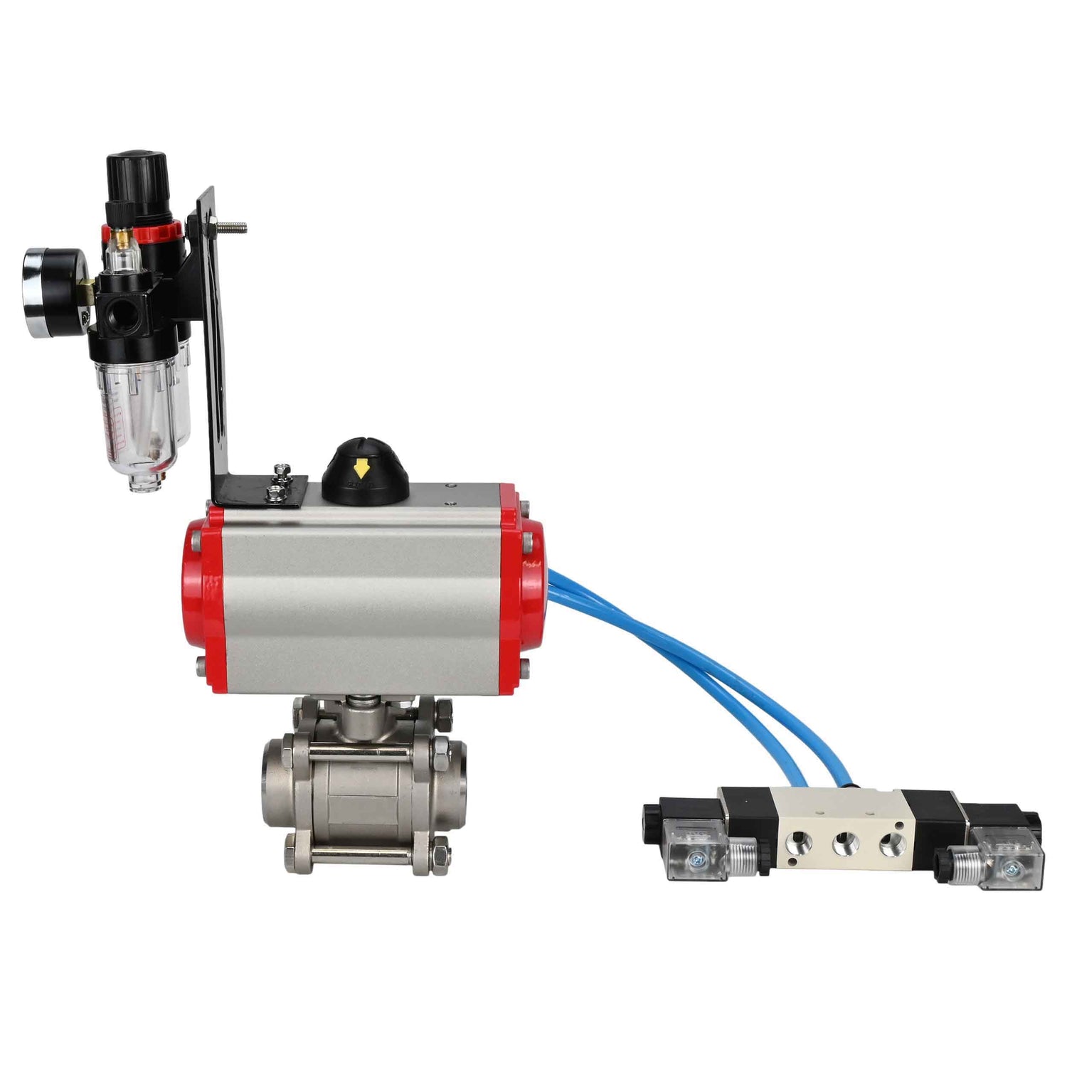 Kugelhähne Elephant BV3232P(3pc)-FP-W-ISO-H 16 bar/25, Vollbohrung zum Schweißen, Edelstahl SS316, Dichtung - PTFE, mit doppeltwirkendem PA-DA Pneumatik-Antrieb, mit Pneumatikverteiler 4V320-10 220V, mit ATU AFC2000