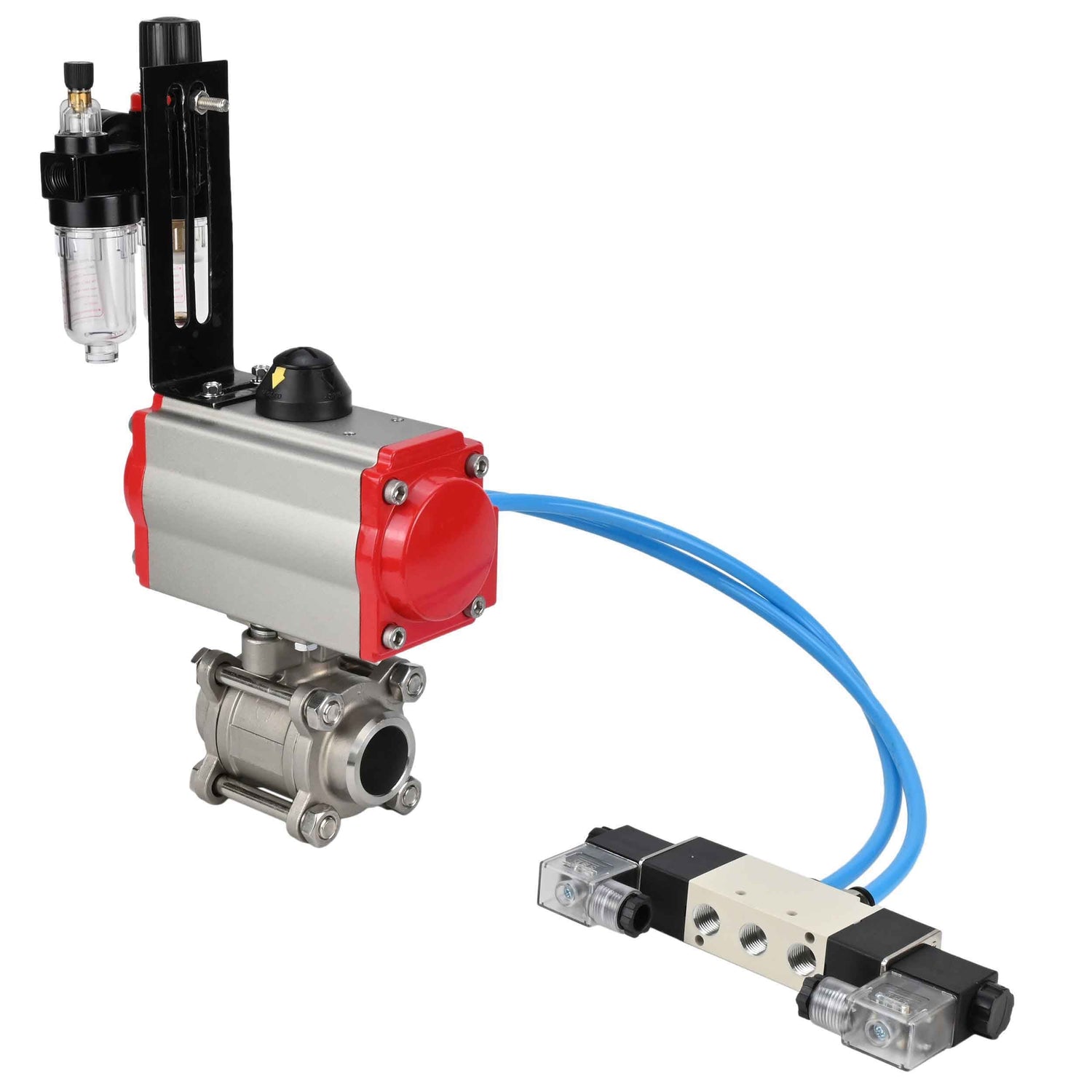 Kugelhähne Elephant BV3232P(3pc)-FP-W-ISO-H 16 bar/25, Vollbohrung zum Schweißen, Edelstahl SS316, Dichtung - PTFE, mit doppeltwirkendem PA-DA Pneumatik-Antrieb, mit Pneumatikverteiler 4V320-08 220V, mit ATU AFC2000