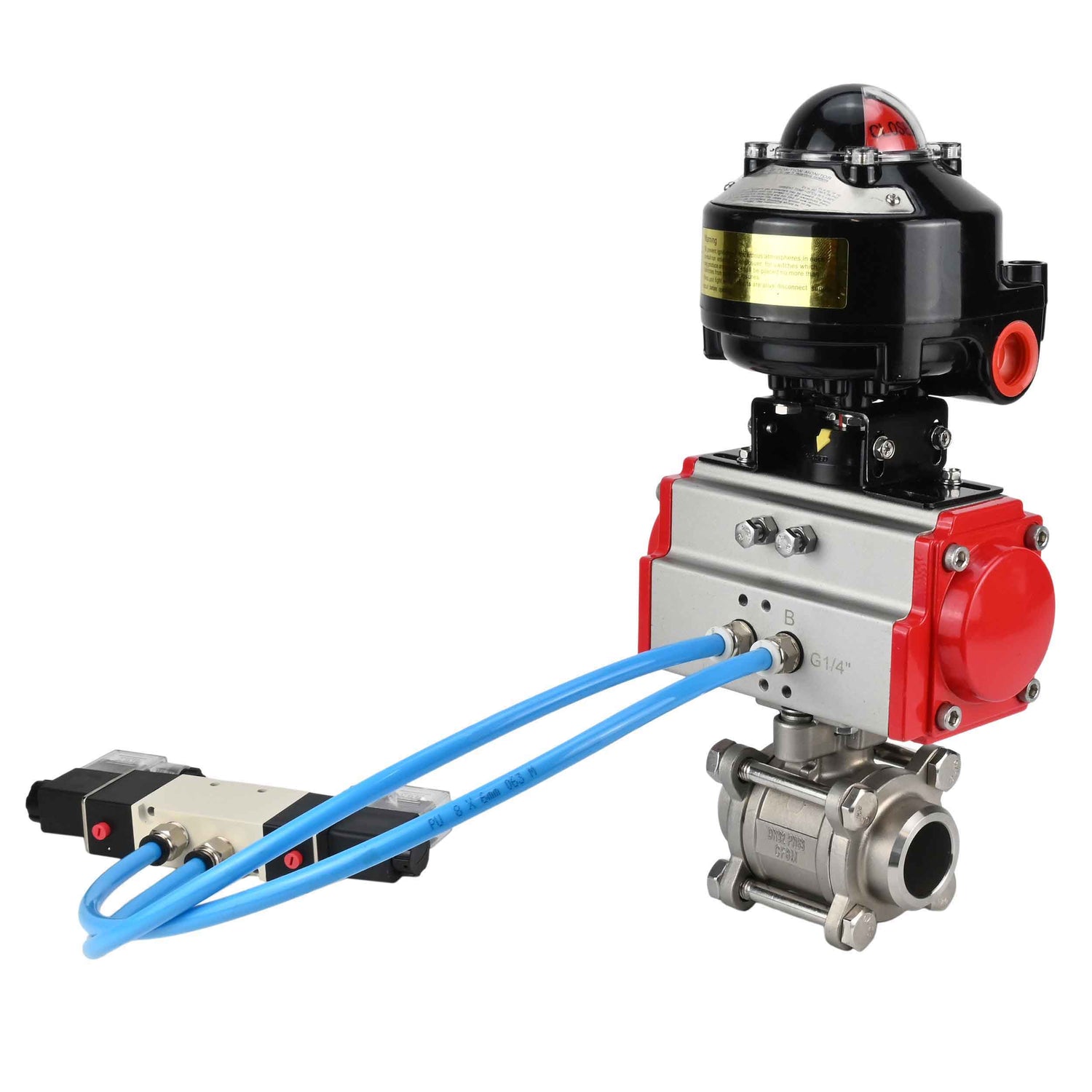 Kugelhähne Elephant BV3232P(3pc)-FP-W-ISO-H zum Schweißen, Vollbohrung, Gehäuse - Edelstahl SS316, Dichtung - PTFE, mit pneumatischem Antrieb Elephant PA-DA 052- 083 pneumatischer Verteiler 4V320-10 Anschluss DN10 LSU APL-510N-EX