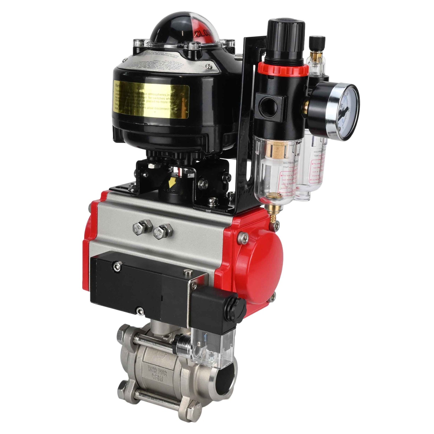 Kugelhähne Elephant BV3232P(3pc)-FP-W-ISO-H zum Schweißen, voller Durchgang, Gehäuse aus Edelstahl. Stahl SS316, Dichtung - PTFE, mit pneumatischem Antrieb Elephant PA-DA 052-083 pneumatischer Verteiler 4M310-08 220V ATU AFC2000 LSU APL-510N-EX