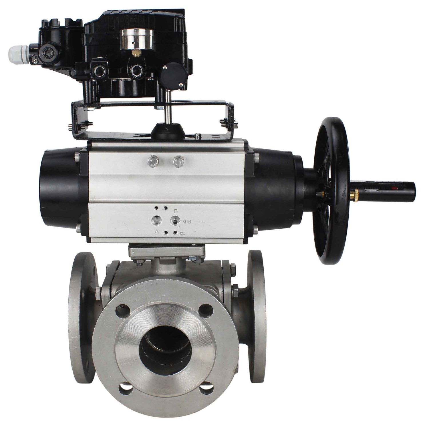 Ball valves Elephant BV3232P(4pc)-FP-3WL-F-ISO-H DN100 16 bar full bore, flanged, body - stainless steel SS316, ISO flange F10/F12, square 19x19, with double pneumatic actuator PA-DA-105-1 action and pneumatic positioner YT-1000RSN without feedback