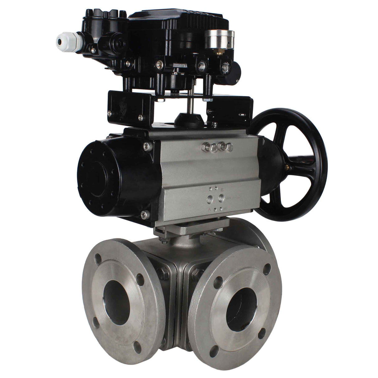Ball valves Elephant BV3232P(4pc)-FP-3WL-F-ISO-H DN100 16 bar full bore, flanged, body - stainless steel SS316, ISO flange F10/F12, square 19x19, with double pneumatic actuator PA-DA-105-1 action and pneumatic positioner YT-1000RSN with feedback