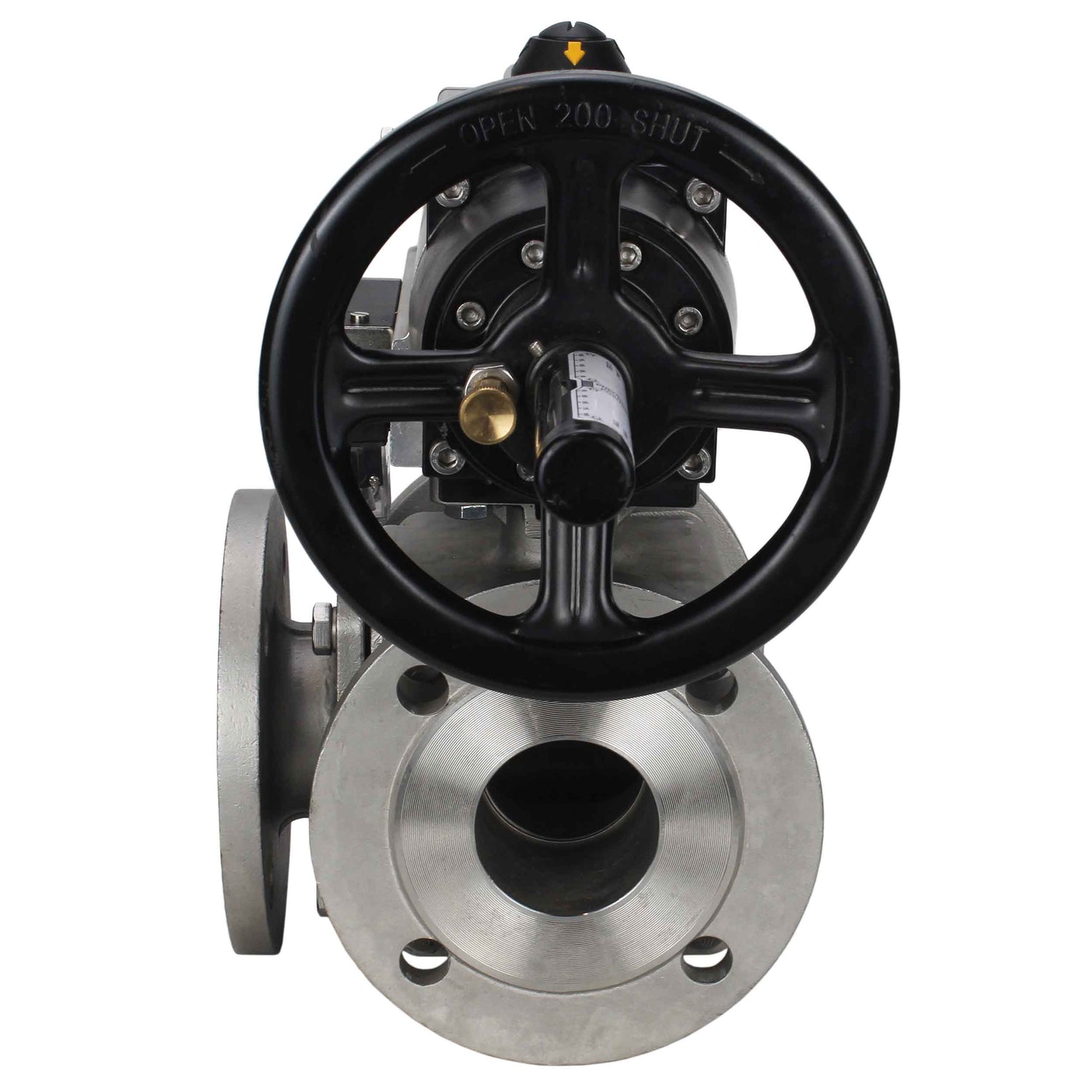 Kugelhähne Elephant BV3232P(4pc)-FP-3WL-F-ISO-H DN100 16 bar Vollbohrung, geflanscht, Gehäuse - Edelstahl SS316, ISO-Flansch F10/F12, quadratisch 19x19, mit doppeltem pneumatischem Antrieb PA-DA-105-1 Betätigung und pneumatischem Verteiler 4M310-08 24V