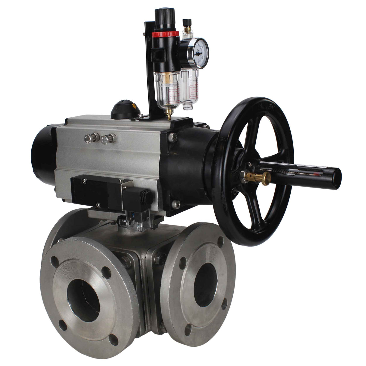 Ball valves Elephant BV3232P(4pc)-FP-3WL-F-ISO-H DN100 16 bar full bore, flanged, body - stainless steel SS316, ISO flange F10/F12, square 19x19, with double pneumatic actuator PA-DA-105-1 action, pneumatic distributor 4M310-08 24V and ATU AFC2000