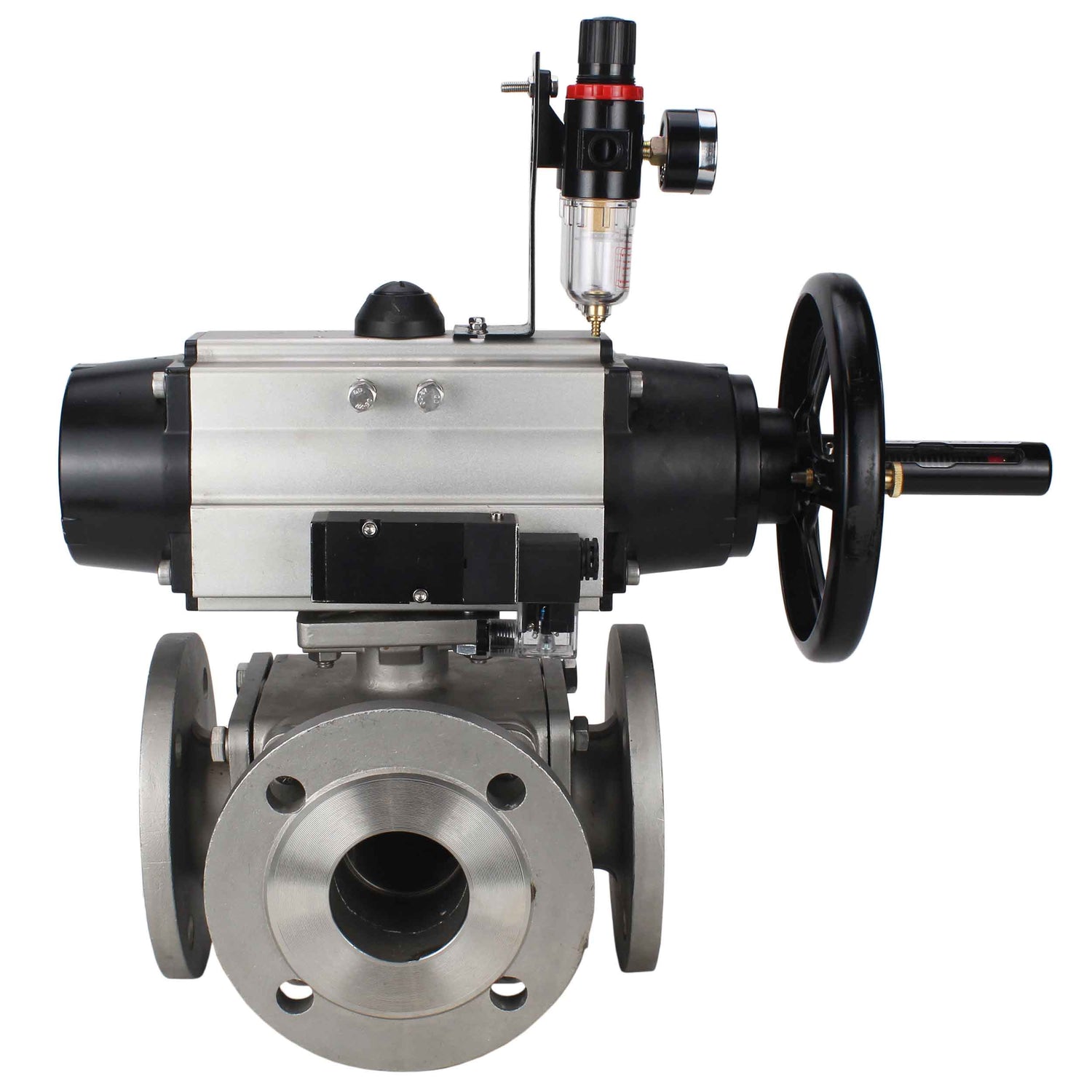 Ball valves Elephant BV3232P(4pc)-FP-3WL-F-ISO-H DN100 16 bar full bore, flanged, body - stainless steel SS316, ISO flange F10/F12, square 19x19, with double pneumatic actuator PA-DA-105-1 action, pneumatic distributor 4M310-08 NAMUR 220V and ATU AFC2000