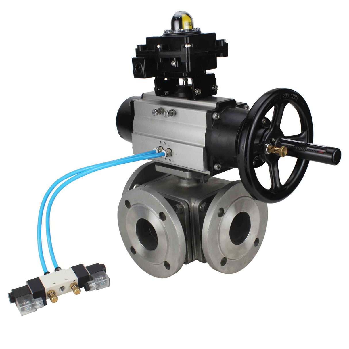 Ball valves Elephant BV3232P(4pc)-FP-3WL-F-ISO-H DN100 16 bar full bore, flanged, body - stainless steel SS316, ISO flange F10/F12, square 19x19, with double pneumatic actuator PA-DA-105-1 action, pneumatic distributor 4V320-10 220V and LSU APL-410N E