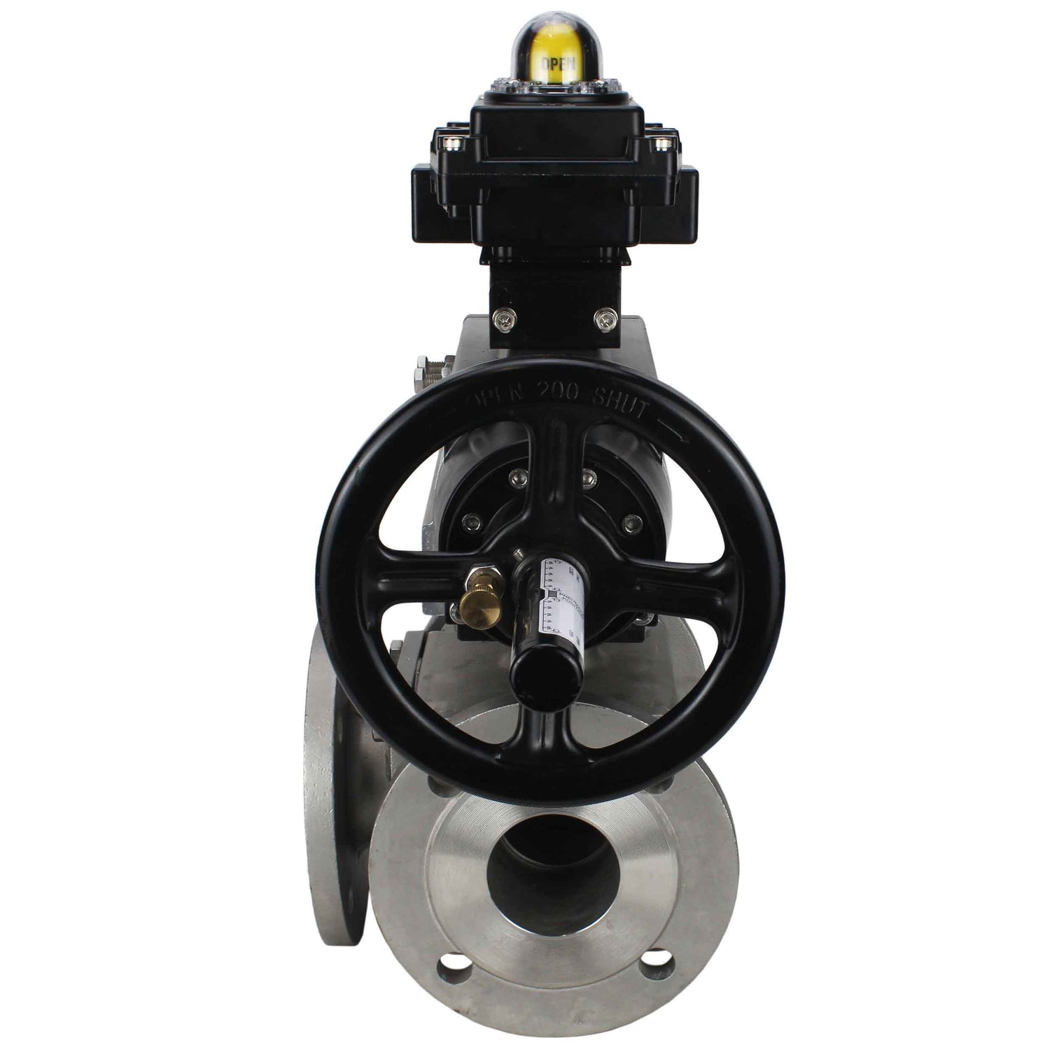 Kugelhähne Elephant BV3232P(4pc)-FP-3WL-F-ISO-H DN100 16 bar Vollbohrung, geflanscht, Gehäuse - Edelstahl SS316, ISO-Flansch F10/F12, quadratisch 19x19, mit doppeltem pneumatischem Antrieb PA-DA-105-1 Aktionen und LSU APL-410N EX