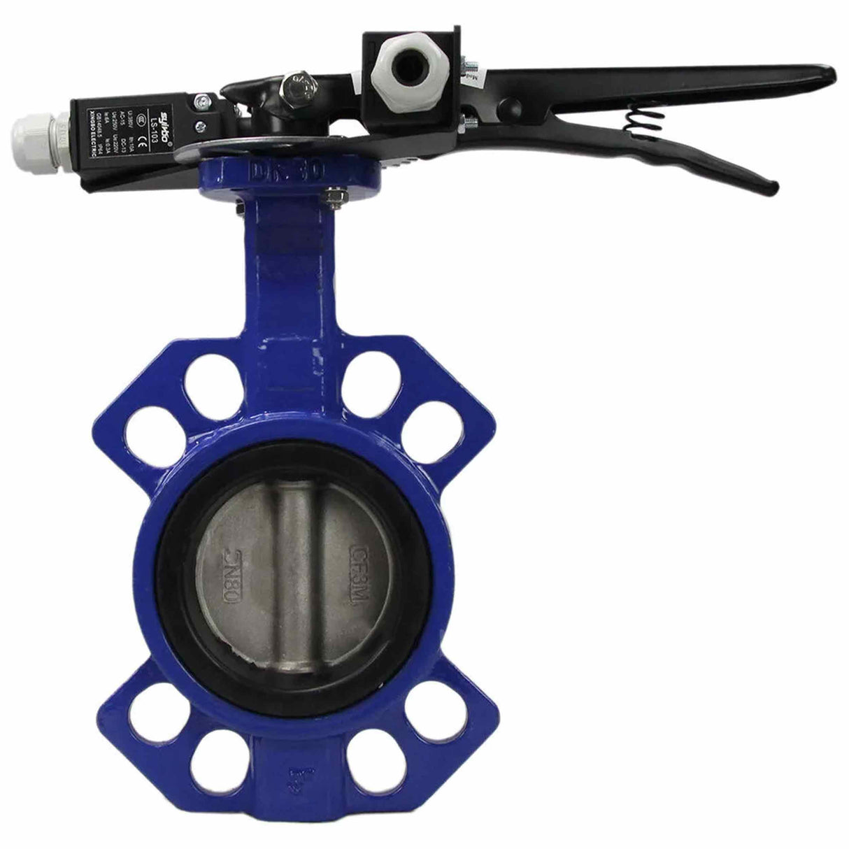 Wasser-Drosselklappe Elephant WCB-316L-EPDM Gehäusematerial - Kohlenstoffstahl WCB, Scheibenmaterial - Edelstahl aisi 316l, Dichtung - EPDM mit Griff, zwei Endschaltern LS-103 250V und einer Halterung für die Montage der Endschalter
