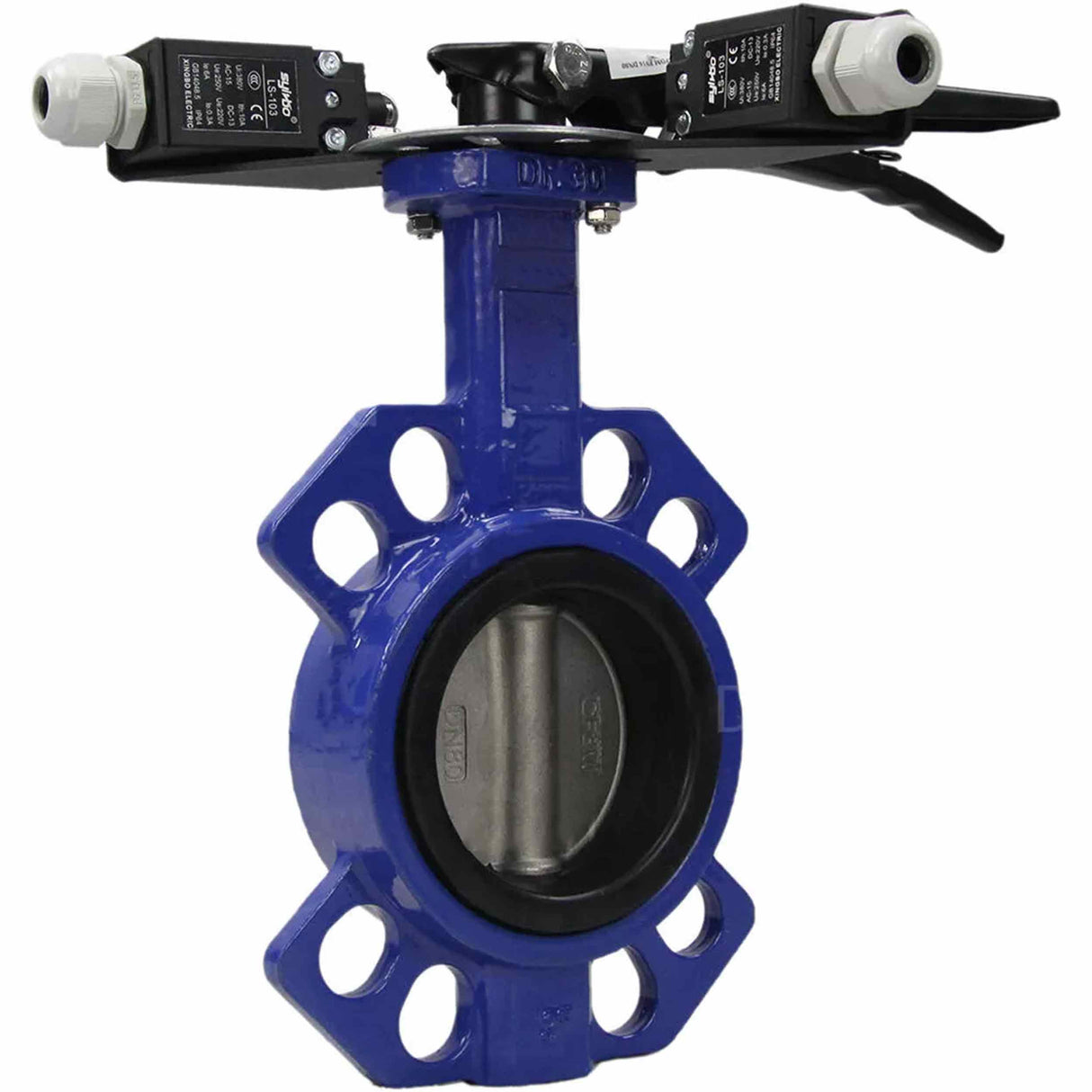 Wasser-Drosselklappe Elephant WCB-316L-EPDM Gehäusematerial - Kohlenstoffstahl WCB, Scheibenmaterial - Edelstahl aisi 316l, Dichtung - EPDM mit Griff, zwei Endschaltern LS-103 250V und einer Halterung für die Montage der Endschalter
