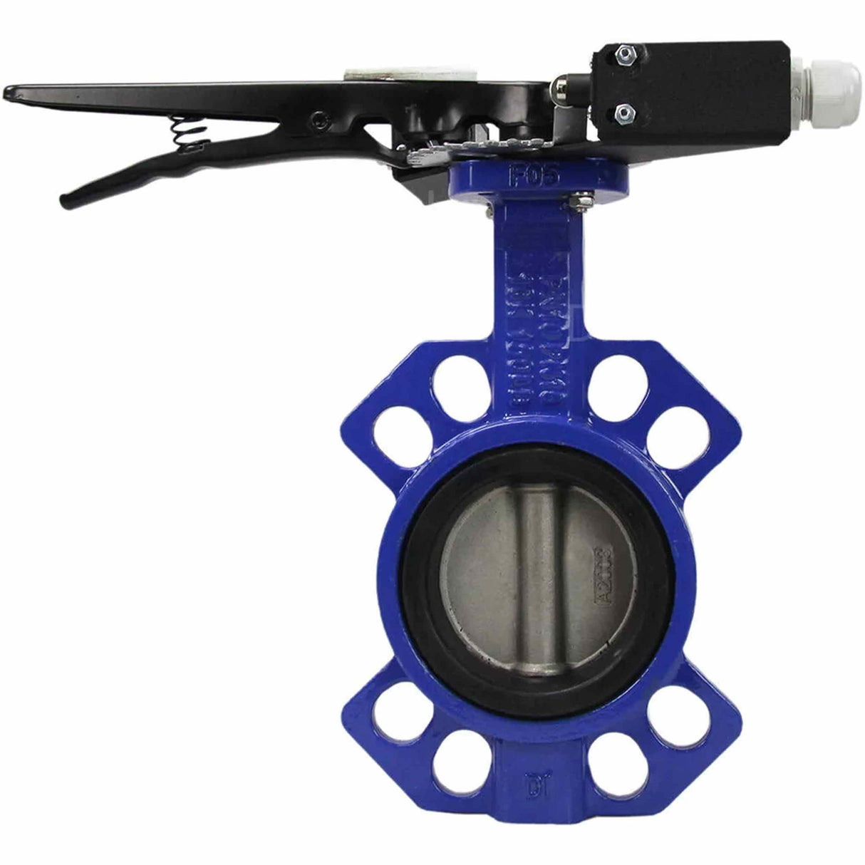 Wasser-Drosselklappe Elephant WCB-316L-EPDM Gehäusematerial - Kohlenstoffstahl WCB, Scheibenmaterial - Edelstahl aisi 316l, Dichtung - EPDM mit Griff, zwei Endschaltern LS-103 250V und einer Halterung für die Montage der Endschalter