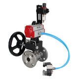 Kugelhähne Elephant BV3131P(3pc)-FP-F-ISO-H, Gehäusematerial - Edelstahl AISI 304, Dichtung - PTFE / PTFE / Teflon, mit pneumatischem Doppelwirkungsantrieb PA-DA, 4V320-10 220V, Handrad MON, ATU AFC2000
