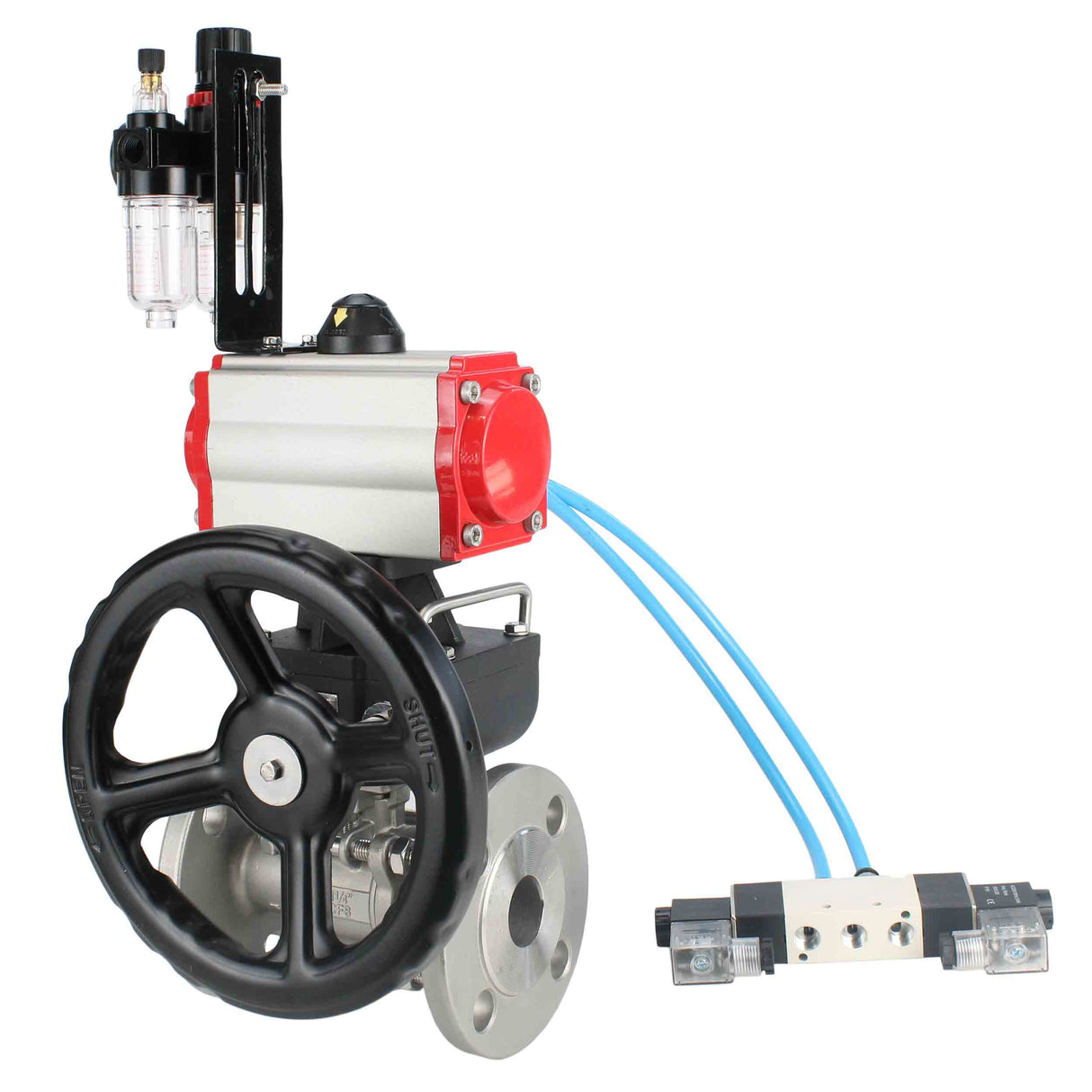 Kugelhähne Elephant BV3131P(3pc)-FP-F-ISO-H, Gehäusematerial - Edelstahl AISI 304, Dichtung - PTFE / PTFE / Teflon, mit pneumatischem Doppelwirkungsantrieb PA-DA, 4V320-10 220V, Handrad MON, ATU AFC2000