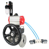 Kugelhähne Elephant BV3131P(3pc)-FP-F-ISO-H, Gehäusematerial - Edelstahl AISI 304, Dichtung - PTFE / PTFE / Teflon, mit pneumatischem Doppelwirkungsantrieb PA-DA, 4V320-10 220V, Handrad MON, ATU AFC2000