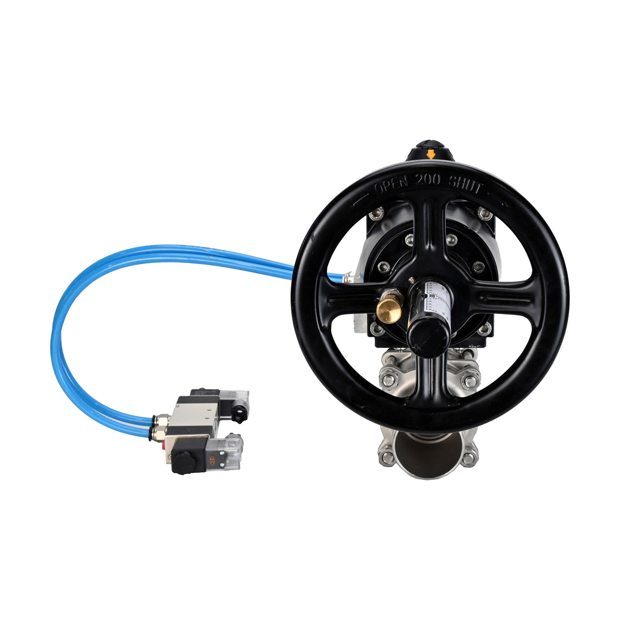 Kugelhähne Elephant BV3232P(3pc)-FP-W-ISO-H LANG, Gehäusematerial - Edelstahl AISI 316, Dichtung - PTFE / PTFE / Teflon, mit pneumatischem Doppelwirkungsantrieb PA-DA-105-1, 4V320-08 220V