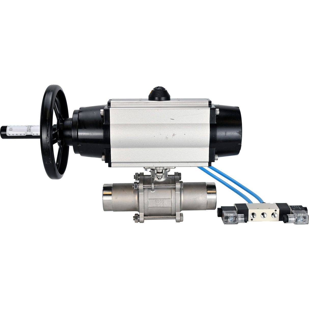 Kugelhähne Elephant BV3232P(3pc)-FP-W-ISO-H LANG, Gehäusematerial - Edelstahl AISI 316, Dichtung - PTFE / PTFE / Teflon, mit pneumatischem Doppelwirkungsantrieb PA-DA-105-1, 4V320-08 220V