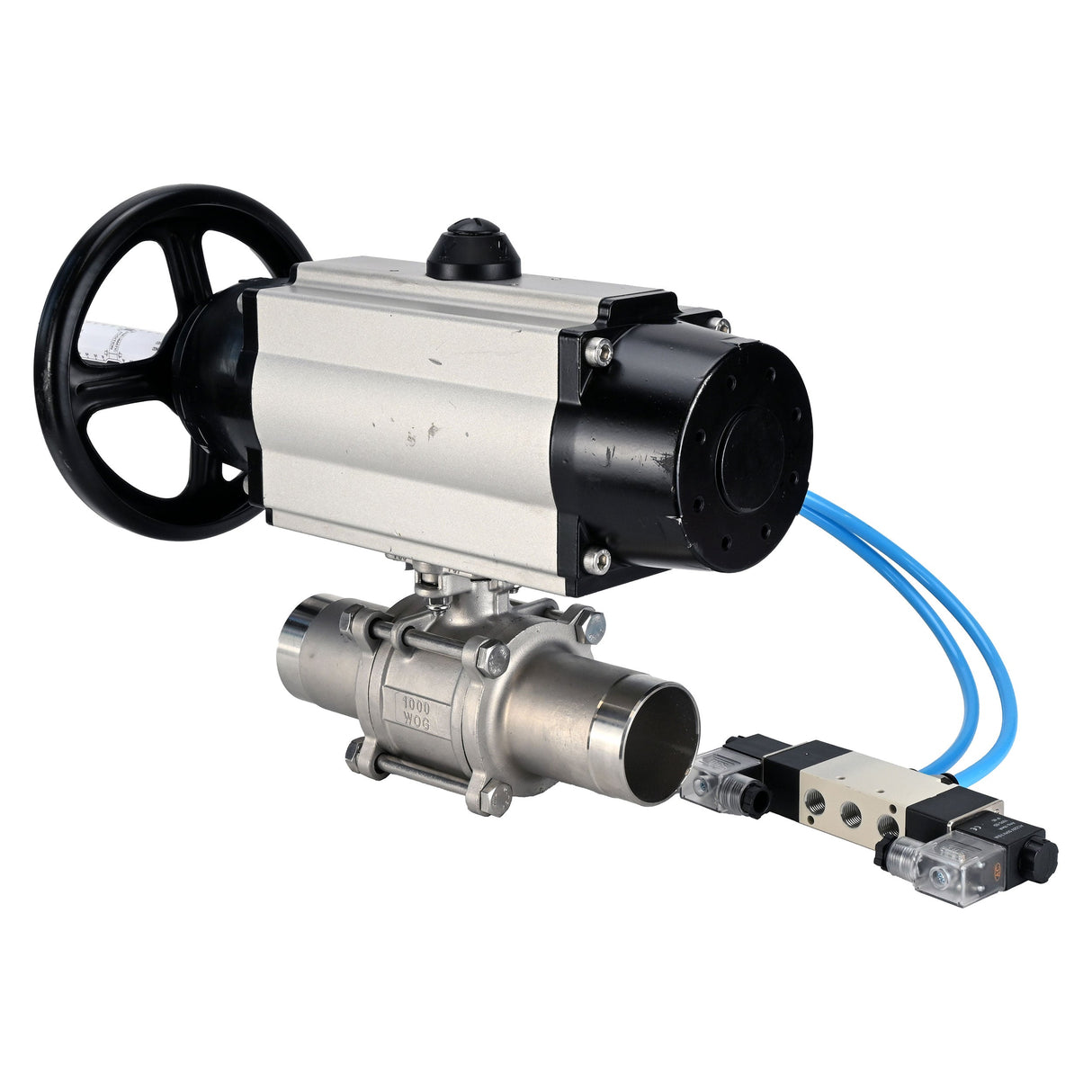 Kugelhähne Elephant BV3232P(3pc)-FP-W-ISO-H LANG, Gehäusematerial - Edelstahl AISI 316, Dichtung - PTFE / PTFE / Teflon, mit pneumatischem Doppelwirkungsantrieb PA-DA-105-1, 4V320-08 220V