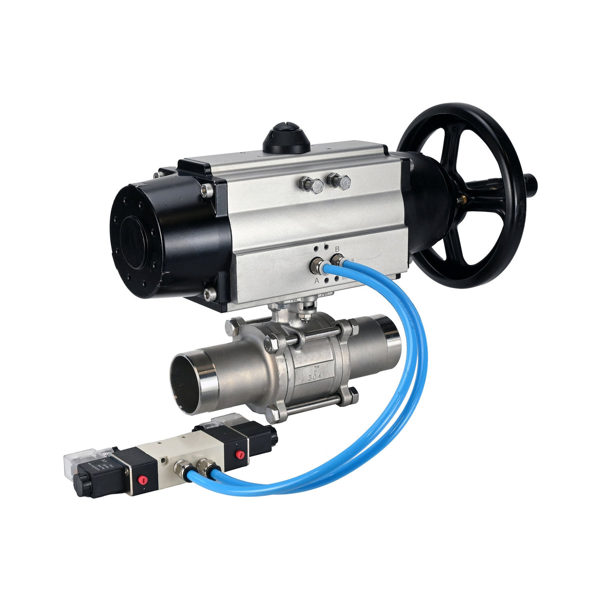 Kugelhähne Elephant BV3232P(3pc)-FP-W-ISO-H LANG, Gehäusematerial - Edelstahl AISI 316, Dichtung - PTFE / PTFE / Teflon, mit pneumatischem Doppelwirkungsantrieb PA-DA-105-1, 4V320-08 220V