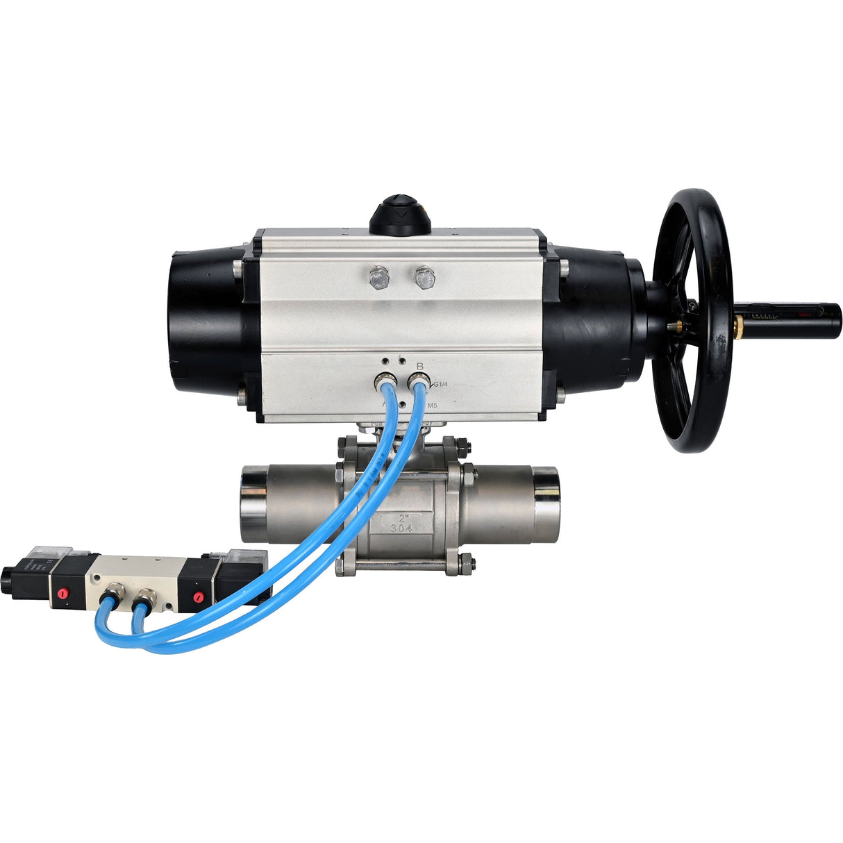 Kugelhähne Elephant BV3232P(3pc)-FP-W-ISO-H LANG, Gehäusematerial - Edelstahl AISI 316, Dichtung - PTFE / PTFE / Teflon, mit pneumatischem Doppelwirkungsantrieb PA-DA-105-1, 4V320-08 220V