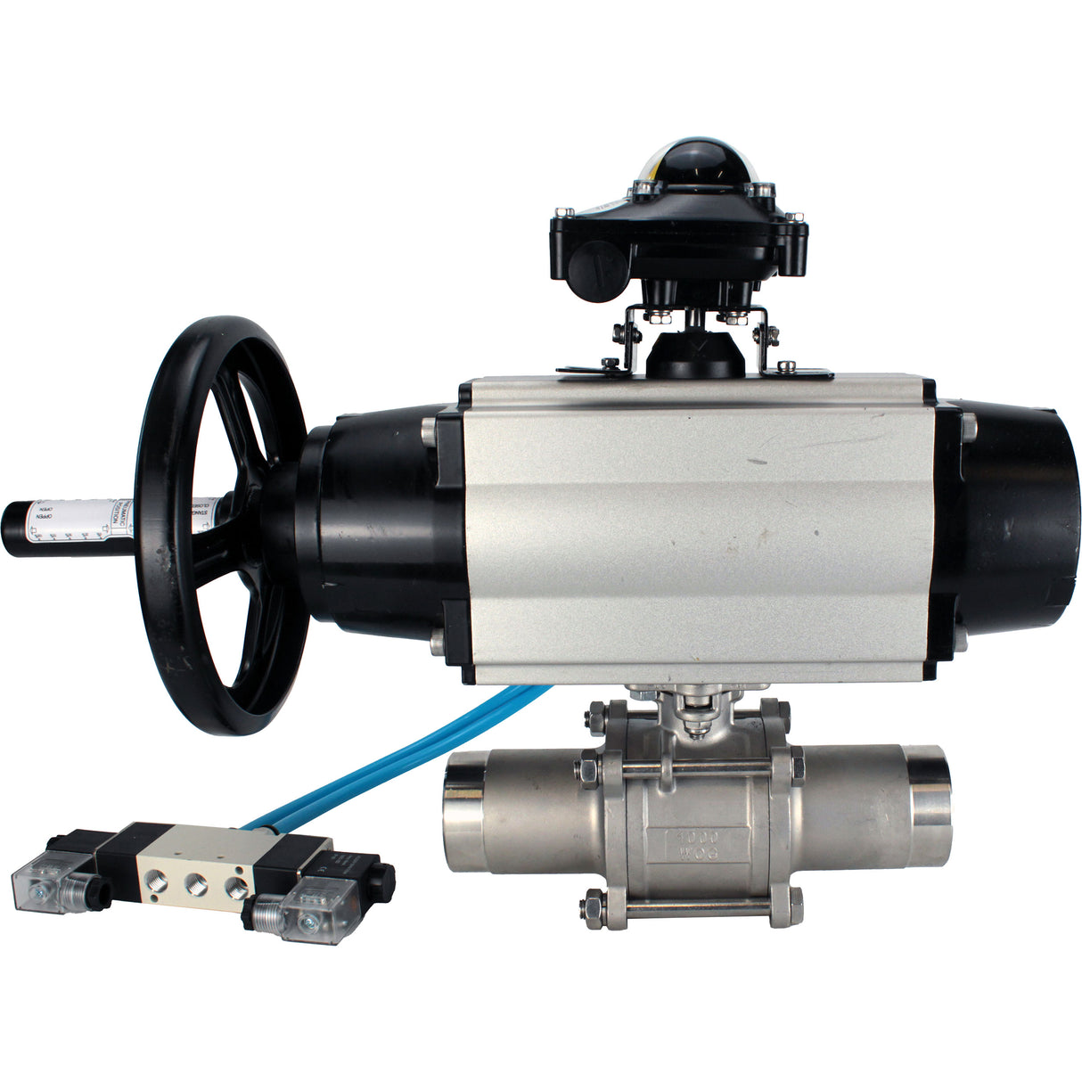 Kugelhähne Elephant BV3232P(3pc)-FP-W-ISO-H LONG, Gehäusematerial - Edelstahl AISI 316, Dichtung - PTFE / PTFE / Teflon, mit pneumatischem Doppelwirkungsantrieb PA-DA-105-1, 4V320-08 220V, LSU APL-210N
