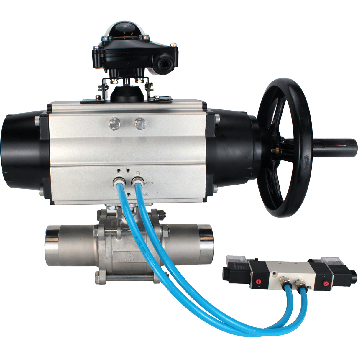 Kugelhähne Elephant BV3232P(3pc)-FP-W-ISO-H LONG, Gehäusematerial - Edelstahl AISI 316, Dichtung - PTFE / PTFE / Teflon, mit pneumatischem Doppelwirkungsantrieb PA-DA-105-1, 4V320-08 220V, LSU APL-210N