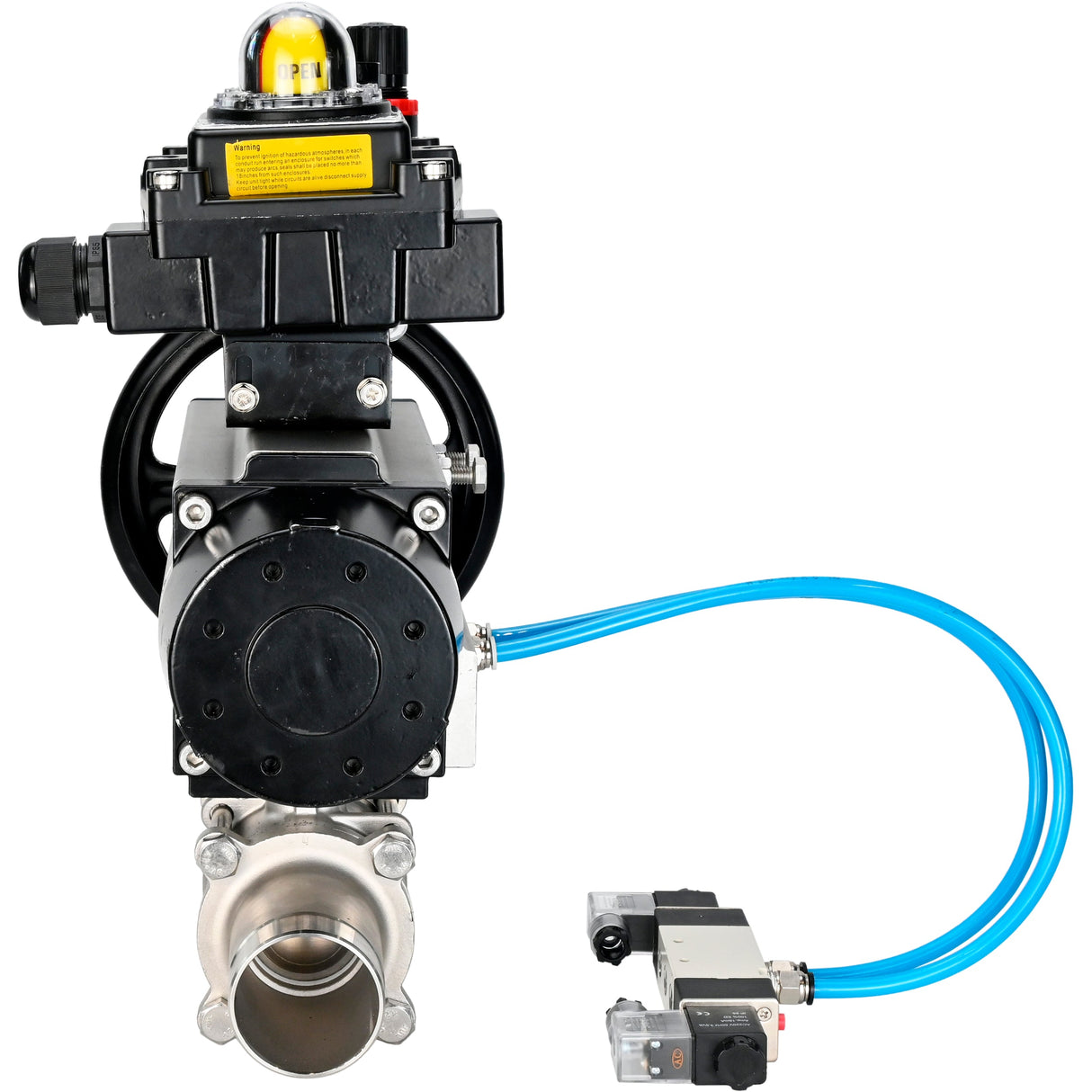 Kugelhähne Elephant BV3232P(3pc)-FP-W-ISO-H LANG, Gehäusematerial - Edelstahl AISI 316, Dichtung - PTFE / PTFE / Teflon, mit pneumatischem Doppelwirkungsantrieb PA-DA-105-1, 4V320-08 220V, LSU APL-410N Ex, ATU AFC2000