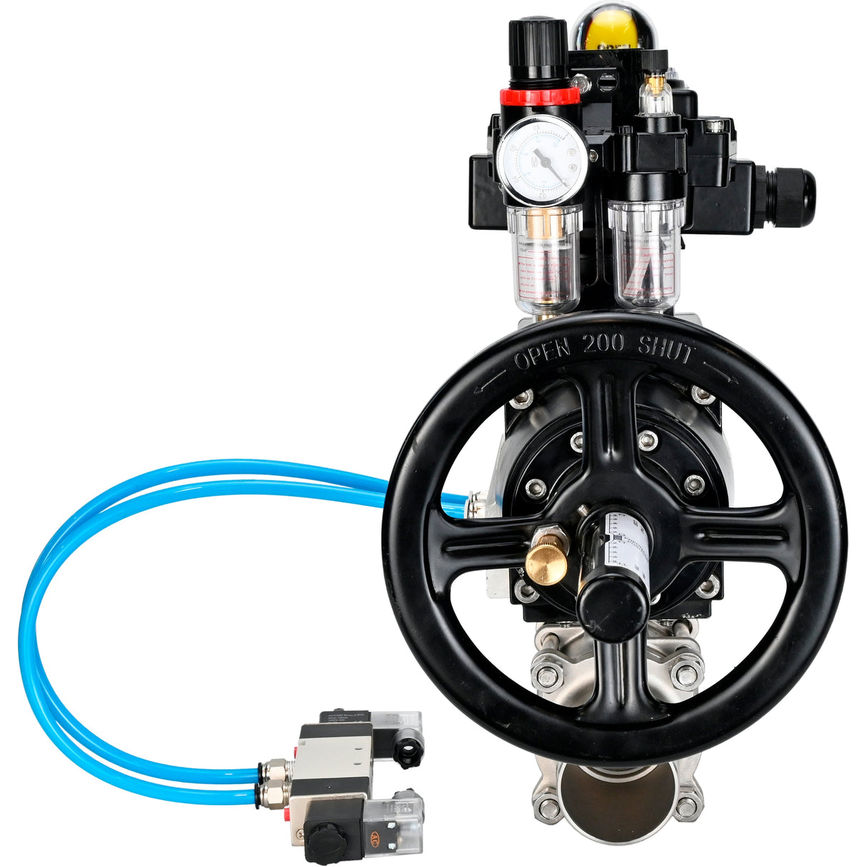 Kugelhähne Elephant BV3232P(3pc)-FP-W-ISO-H LANG, Gehäusematerial - Edelstahl AISI 316, Dichtung - PTFE / PTFE / Teflon, mit pneumatischem Doppelwirkungsantrieb PA-DA-105-1, 4V320-08 220V, LSU APL-410N Ex, ATU AFC2000
