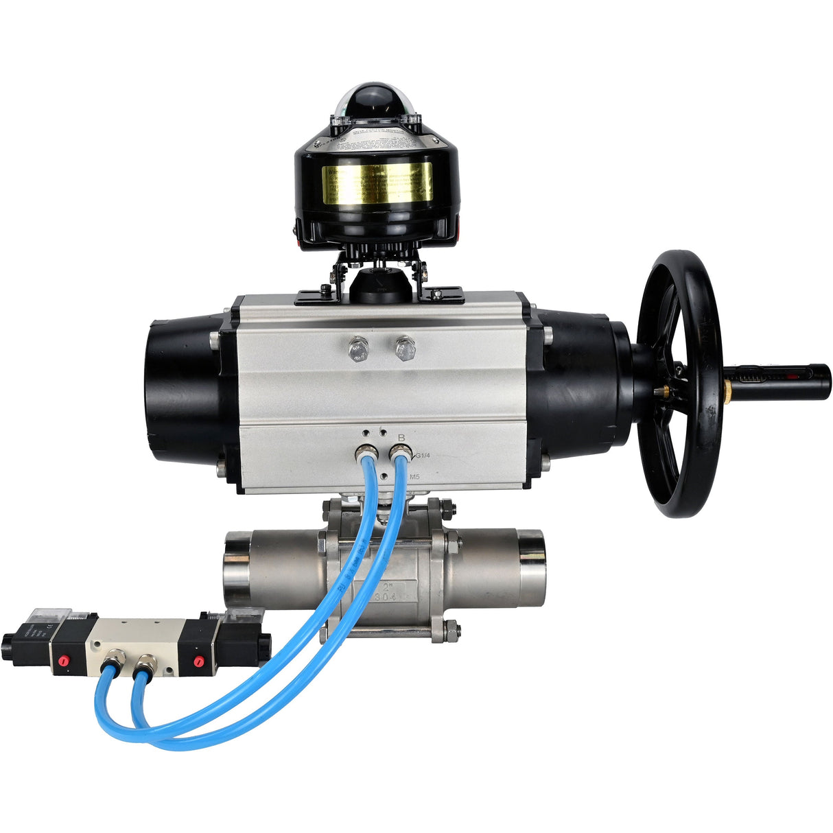 Kugelhähne Elephant BV3232P(3pc)-FP-W-ISO-H LANG, Gehäusematerial - Edelstahl AISI 316, Dichtung - PTFE / PTFE / Teflon, mit pneumatischem Doppelwirkungsantrieb PA-DA-105-1, 4V320-08 220V, LSU APL-510N Ex