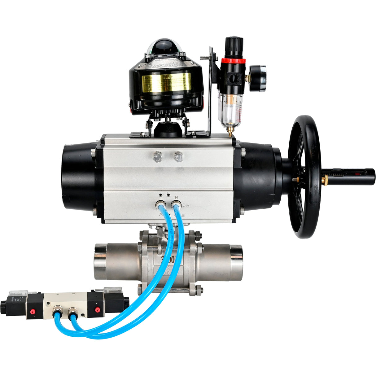 Kugelhähne Elephant BV3232P(3pc)-FP-W-ISO-H LANG, Gehäusematerial - Edelstahl AISI 316, Dichtung - PTFE / PTFE / Teflon, mit pneumatischem Doppelwirkungsantrieb PA-DA-105-1, 4V320-08 220V, LSU APL-510N Ex, ATU AFC2000