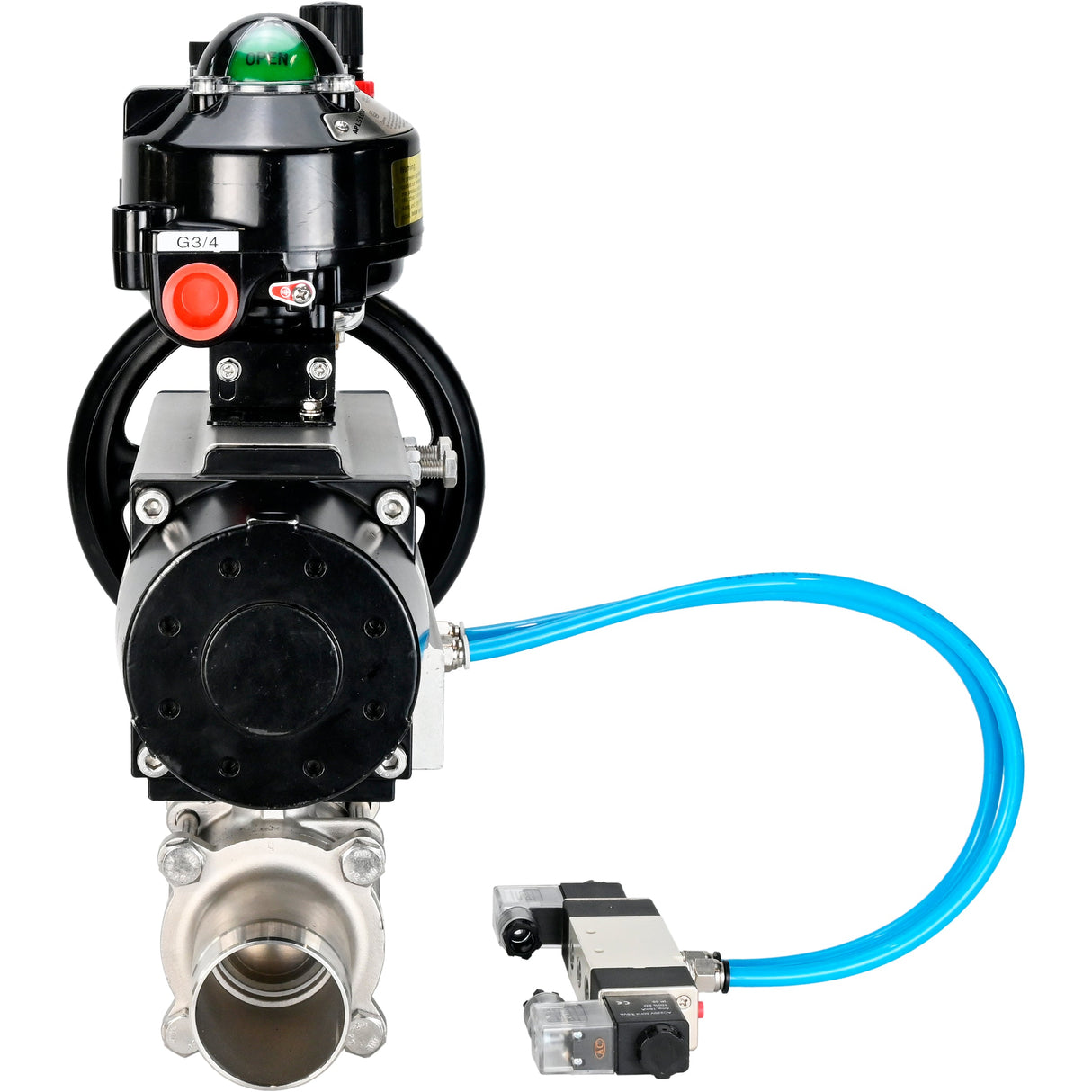 Kugelhähne Elephant BV3232P(3pc)-FP-W-ISO-H LANG, Gehäusematerial - Edelstahl AISI 316, Dichtung - PTFE / PTFE / Teflon, mit pneumatischem Doppelwirkungsantrieb PA-DA-105-1, 4V320-08 220V, LSU APL-510N Ex, ATU AFC2000