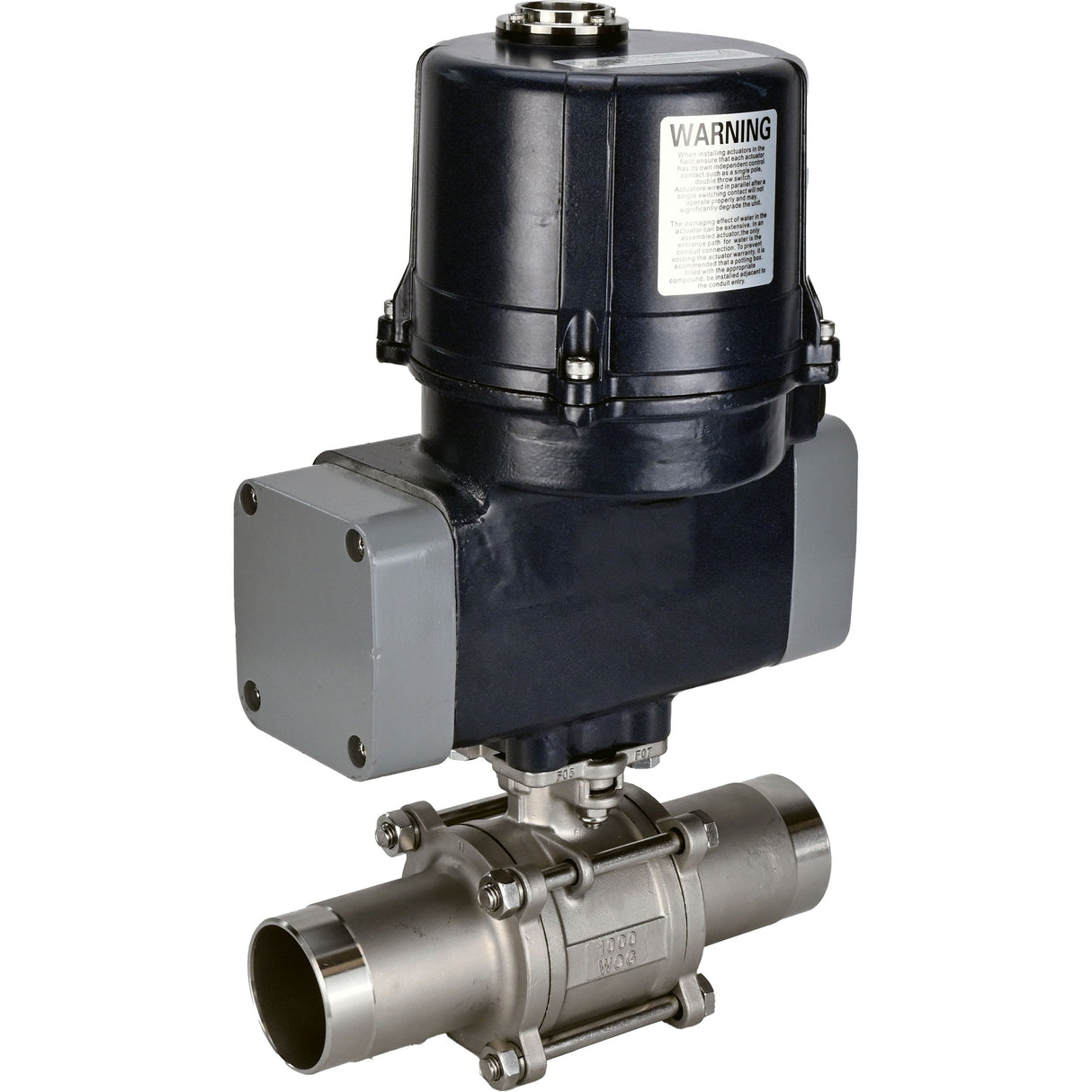 Kugelhähne Elephant BV3131P(3pc)-FP-W-ISO-H LANG voll durchgängig, geschweißt, Gehäuse - Edelstahl SS304, Dichtung - PTFE, mit elektrischem Vierteldrehantrieb Elephant QTSA-N-EM-O0-220VAC