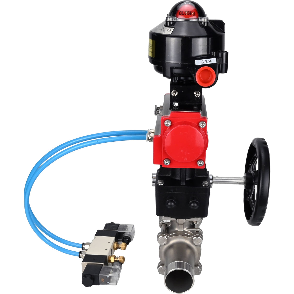 Kugelhähne Elephant BV3131P(3pc)-FP-W-ISO-H LANG, Gehäusematerial - Edelstahl AISI 304, Dichtung - PTFE / PTFE / Teflon, mit pneumatischem Doppelwirkungsantrieb PA-DA, 4V320-08 220V, LSU APL-510N Ex, Handrad MON