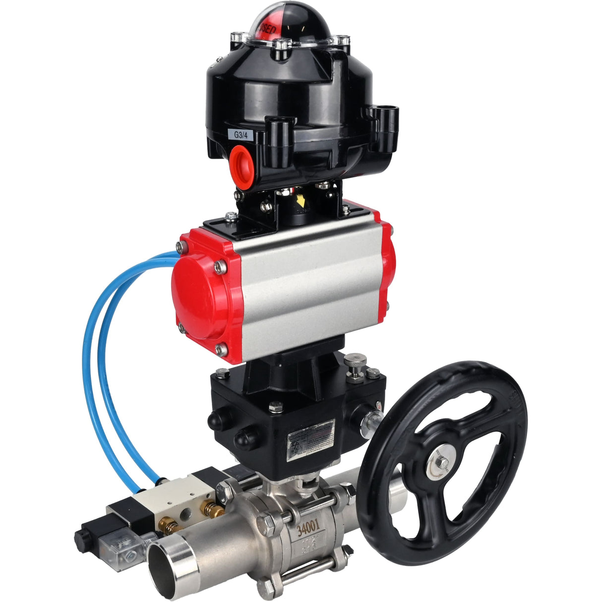 Kugelhähne Elephant BV3131P(3pc)-FP-W-ISO-H LANG, Gehäusematerial - Edelstahl AISI 304, Dichtung - PTFE / PTFE / Teflon, mit pneumatischem Doppelwirkungsantrieb PA-DA, 4V320-08 220V, LSU APL-510N Ex, Handrad MON