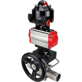 Kugelhähne Elephant BV3131P(3pc)-FP-W-ISO-H LANG, Gehäusematerial - Edelstahl AISI 304, Dichtung - PTFE / PTFE / Teflon, mit pneumatischem Doppelwirkungsantrieb PA-DA, 4V320-08 220V, LSU APL-510N Ex, Handrad MON