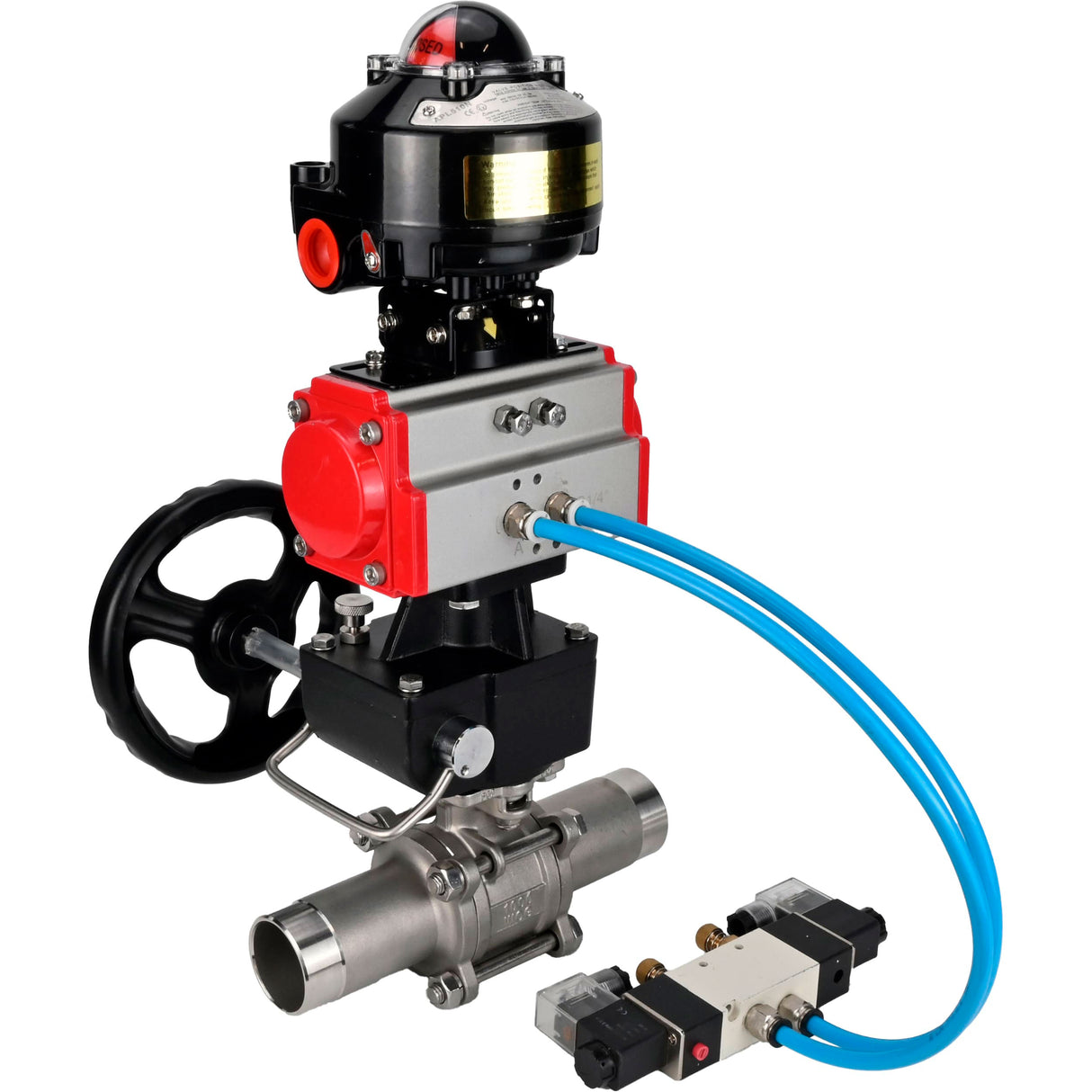 Kugelhähne Elephant BV3131P(3pc)-FP-W-ISO-H LANG, Gehäusematerial - Edelstahl AISI 304, Dichtung - PTFE / PTFE / Teflon, mit pneumatischem Doppelwirkungsantrieb PA-DA, 4V320-08 220V, LSU APL-510N Ex, Handrad MON