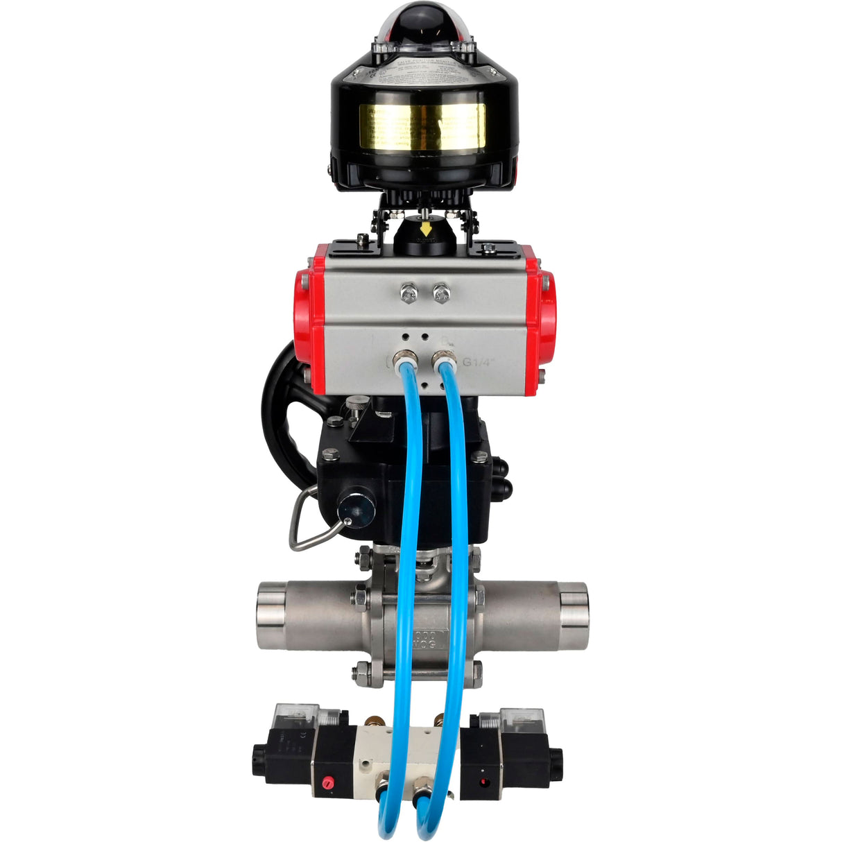 Kugelhähne Elephant BV3131P(3pc)-FP-W-ISO-H LANG, Gehäusematerial - Edelstahl AISI 304, Dichtung - PTFE / PTFE / Teflon, mit pneumatischem Doppelwirkungsantrieb PA-DA, 4V320-08 220V, LSU APL-510N Ex, Handrad MON