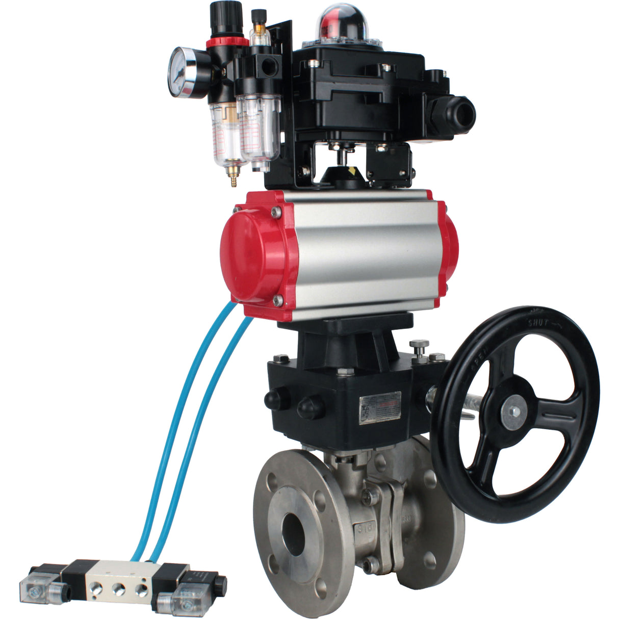 Kugelhähne Elephant BV3232P(2 Stück)-FP-F-ISO-H, Gehäusematerial - Edelstahl AISI 316, Dichtung - PTFE / PTFE / Teflon, mit pneumatischem Doppelwirkungsantrieb PA-DA, 4V320-10 220V, LSU APL-410N Ex, Handrad MON, ATU AFC2000