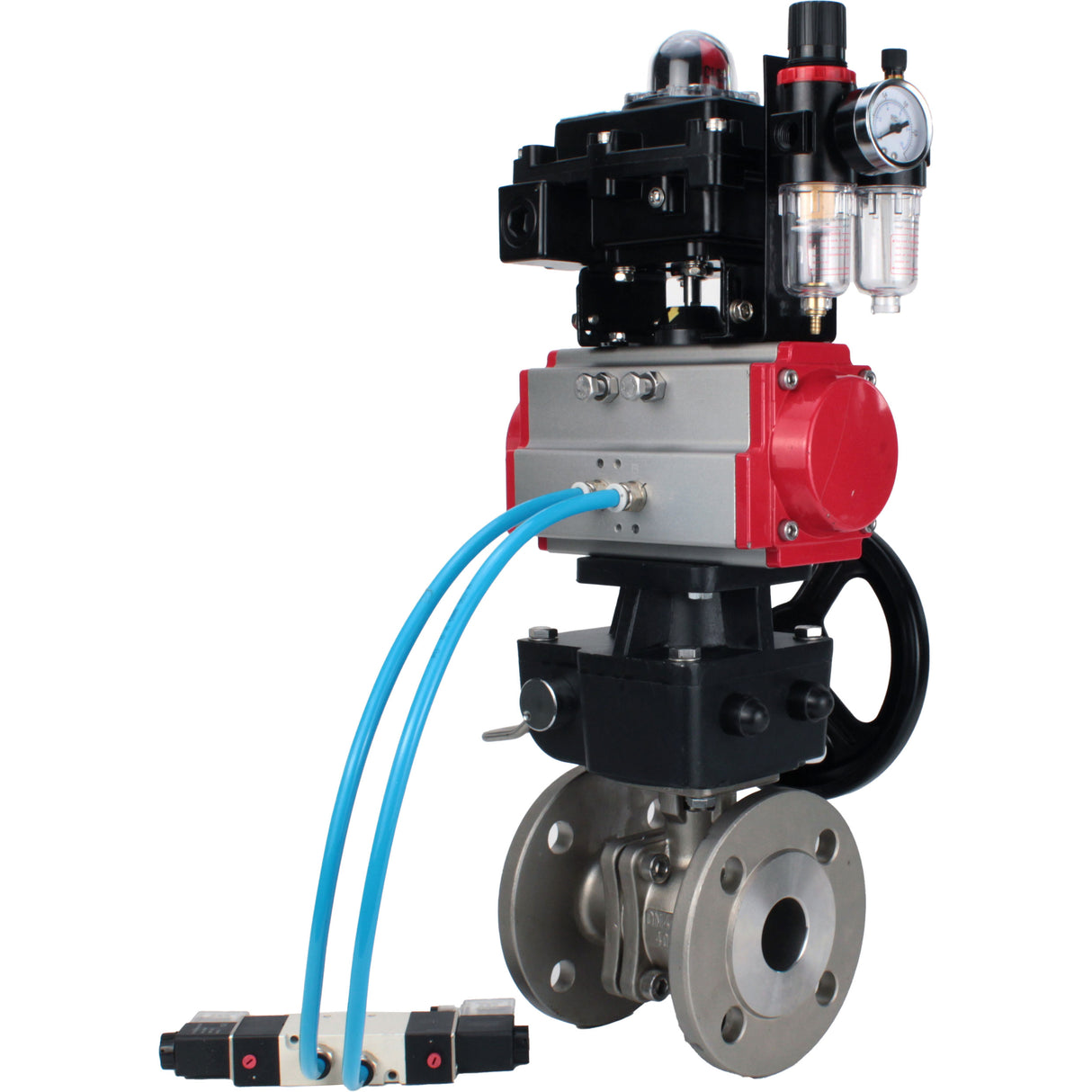 Kugelhähne Elephant BV3232P(2 Stück)-FP-F-ISO-H, Gehäusematerial - Edelstahl AISI 316, Dichtung - PTFE / PTFE / Teflon, mit pneumatischem Doppelwirkungsantrieb PA-DA, 4V320-10 220V, LSU APL-410N Ex, Handrad MON, ATU AFC2000