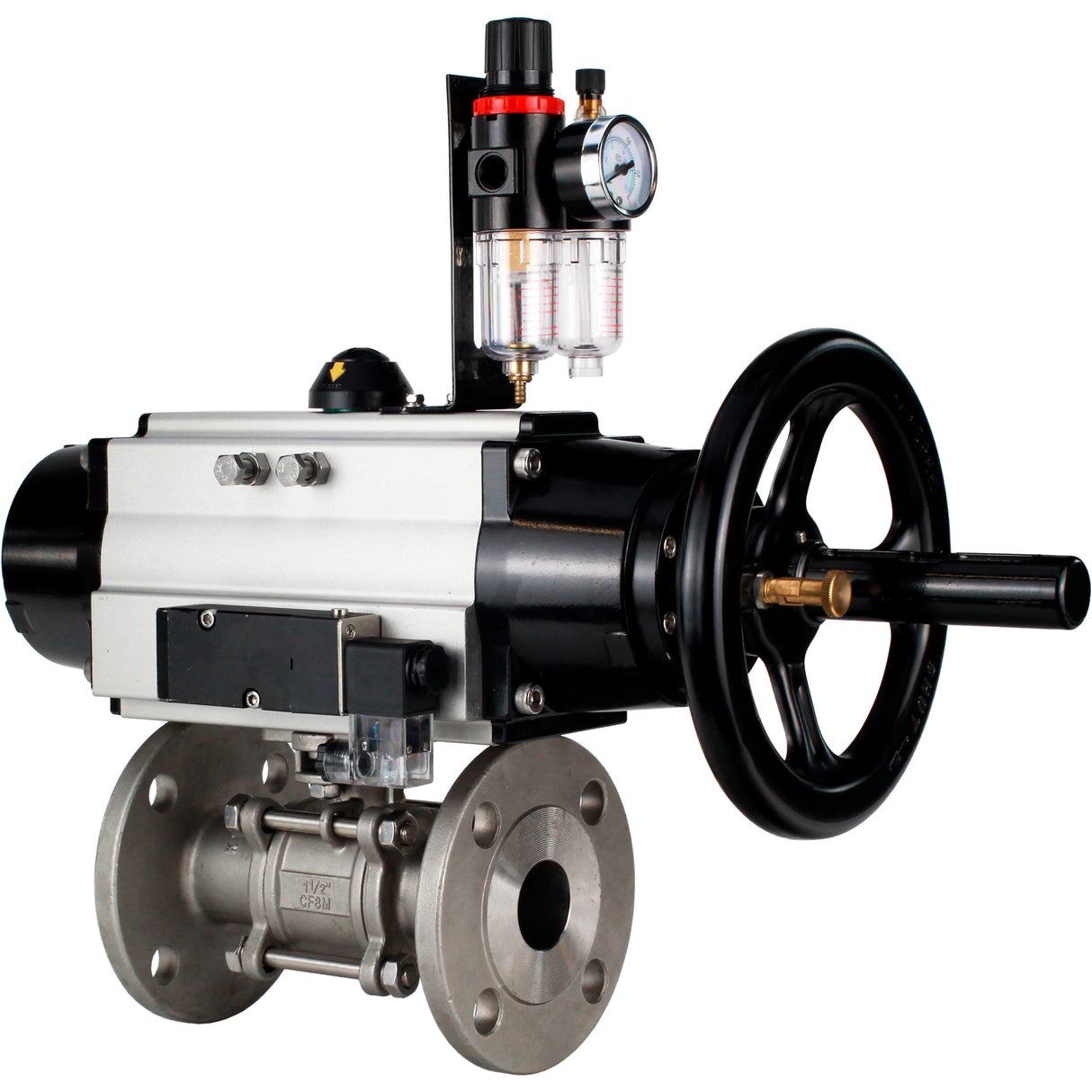 Ball valves Elephant BV3232P(3pc)-FP-F-ISO-H DN65-100 25/40 bar flanged with ISO flange, body - 316 stainless steel, full bore, seal - PTFE, with pneumatic drive PA-DA-105-1, pneumatic distributor 4M310-08 24V, ATU AFC2000