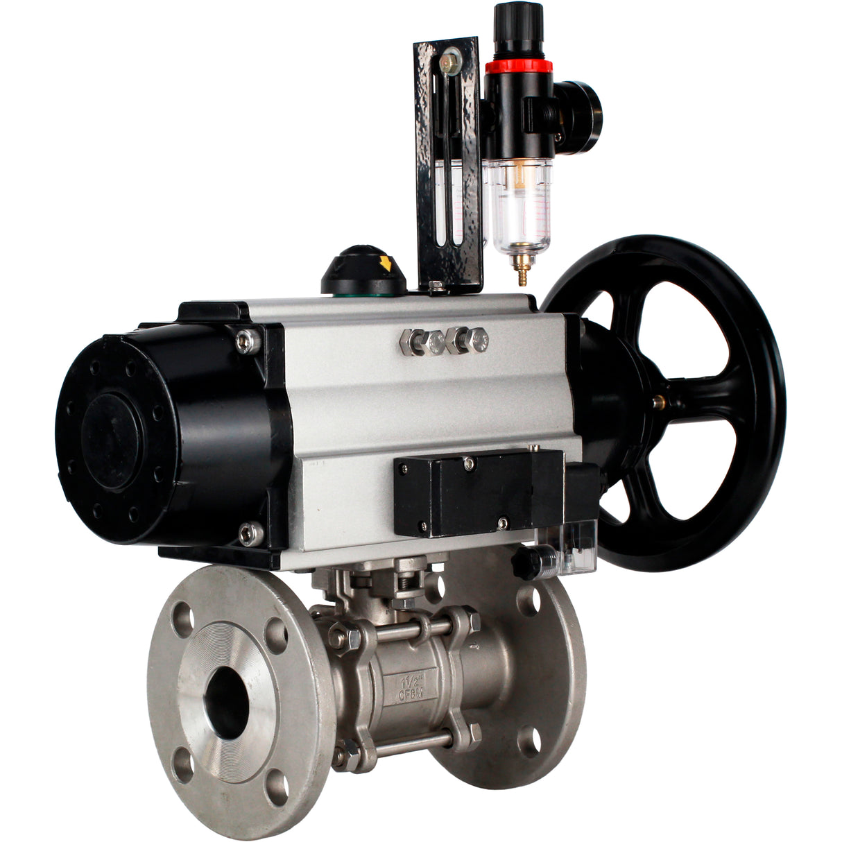 Ball valves Elephant BV3232P(3pc)-FP-F-ISO-H DN65-100 25/40 bar flanged with ISO flange, body - 316 stainless steel, full bore, seal - PTFE, with pneumatic drive PA-DA-105-1, pneumatic distributor 4M310-08 24V, ATU AFC2000