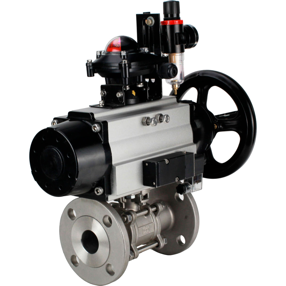 Ball valves Elephant BV3232P(3pc)-FP-F-ISO-H DN65-100 25/40 bar flanged with ISO flange, body - 316 stainless steel, full bore, seal - PTFE, with pneumatic drive PA-DA-105-1, pneumatic distributor 4M310-08 220V, LSU APL-210N, ATU AFC2000