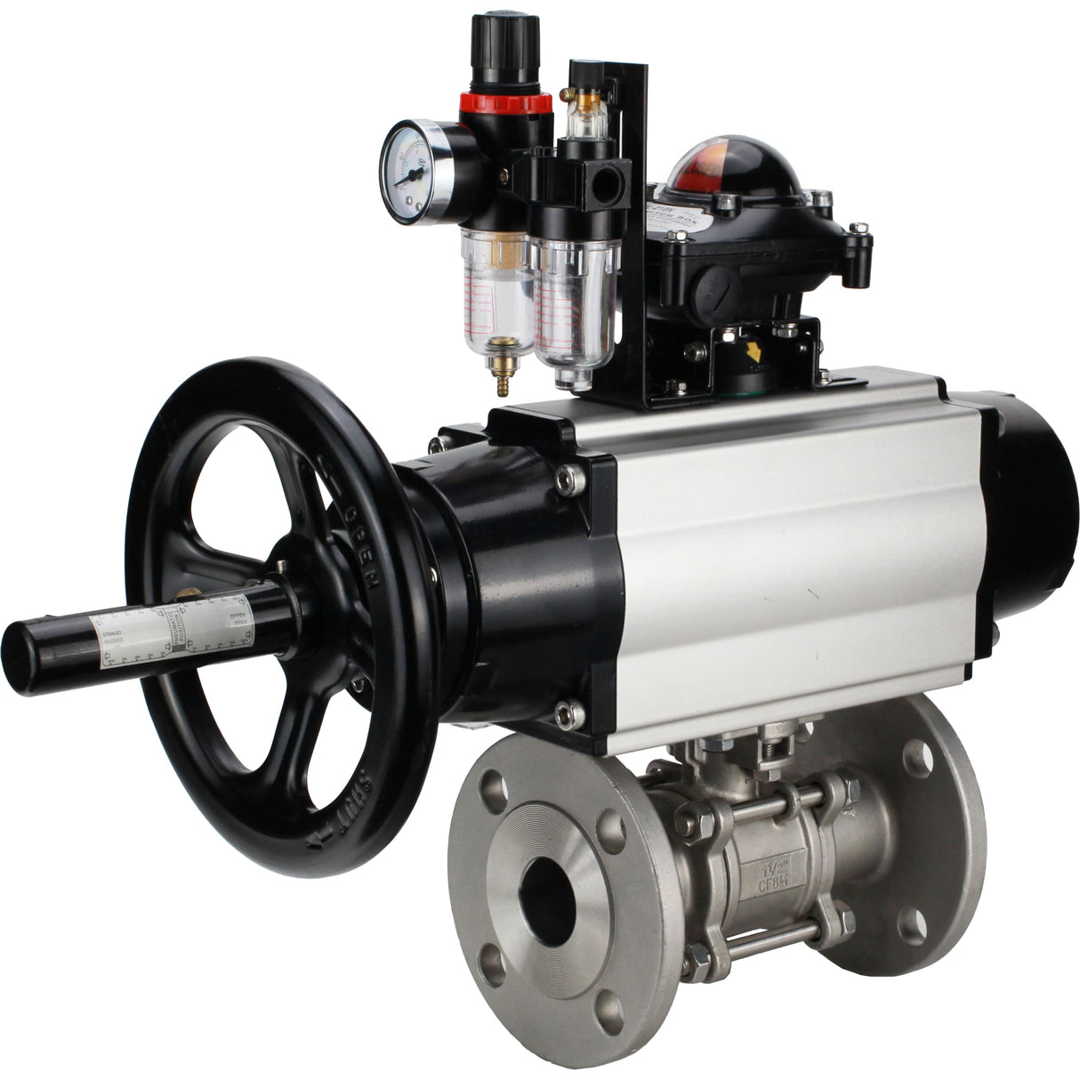 Ball valves Elephant BV3232P(3pc)-FP-F-ISO-H DN65-100 25/40 bar flanged with ISO flange, body - 316 stainless steel, full bore, seal - PTFE, with pneumatic drive PA-DA-105-1, pneumatic distributor 4M310-08 220V, LSU APL-210N, ATU AFC2000
