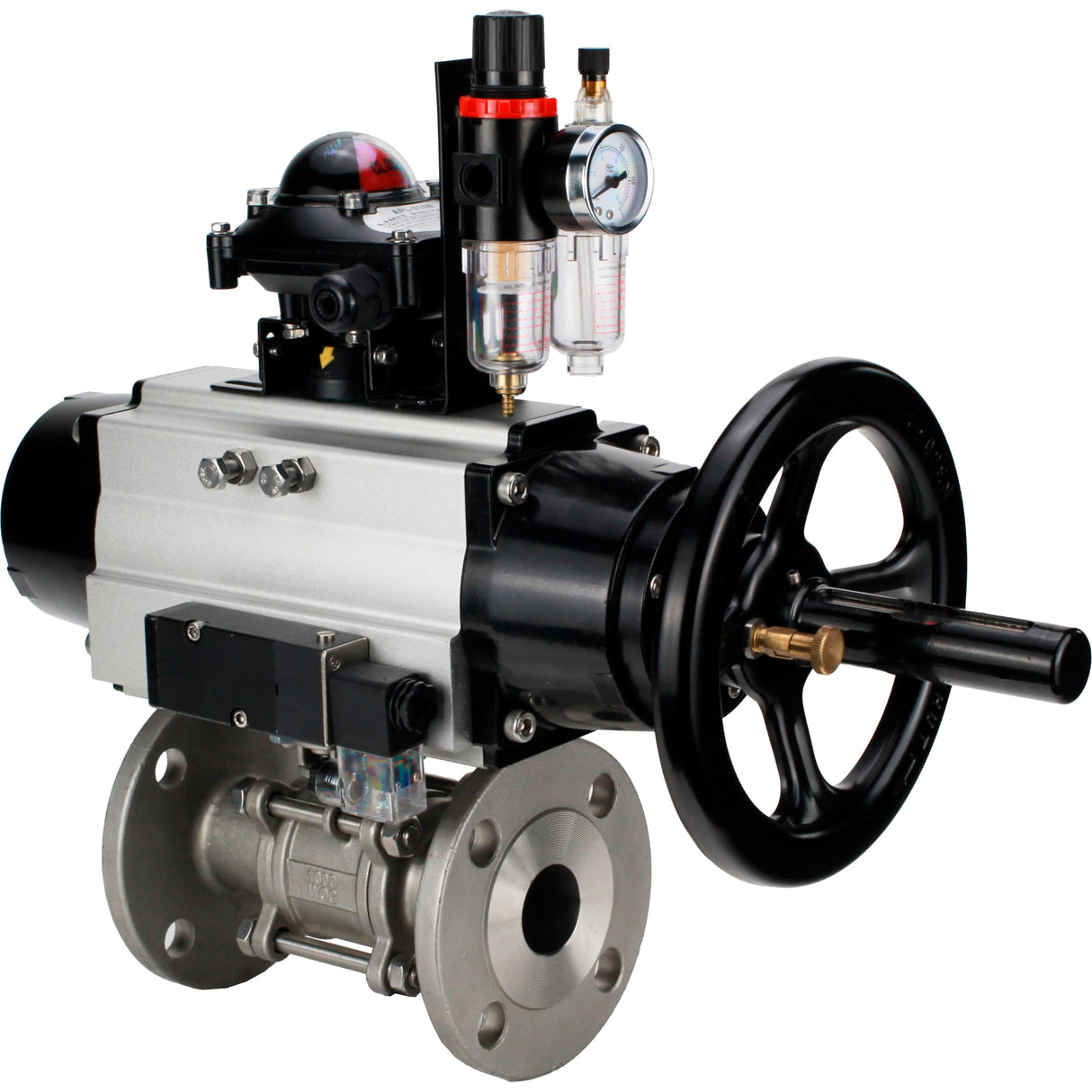 Ball valves Elephant BV3232P(3pc)-FP-F-ISO-H DN65-100 25/40 bar flanged with ISO flange, body - 316 stainless steel, full bore, seal - PTFE, with pneumatic drive PA-DA-105-1, pneumatic distributor 4M310-08 220V, LSU APL-210N, ATU AFC2000