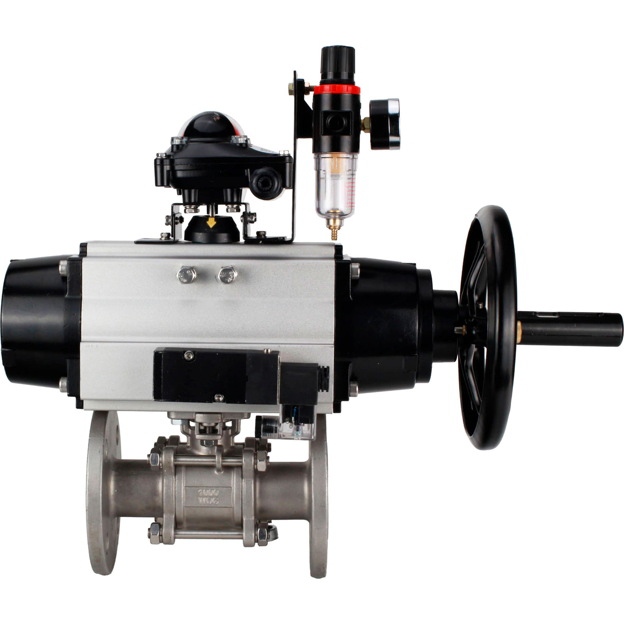 Ball valves Elephant BV3232P(3pc)-FP-F-ISO-H DN65-100 25/40 bar flanged with ISO flange, body - 316 stainless steel, full bore, seal - PTFE, with pneumatic drive PA-DA-105-1, pneumatic distributor 4M310-08 220V, LSU APL-210N, ATU AFC2000