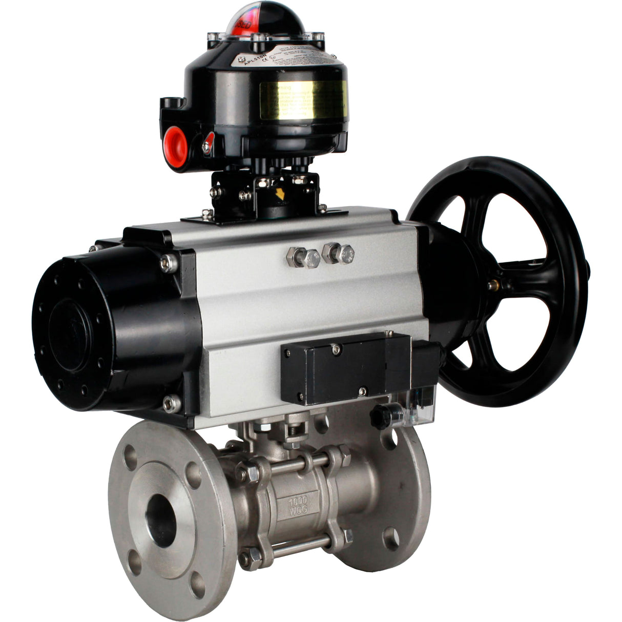 Ball valves Elephant BV3232P(3pc)-FP-F-ISO-H DN65-100 25/40 bar flanged with ISO flange, body - 316 stainless steel, full bore, seal - PTFE, with pneumatic drive PA-DA-105-1, pneumatic distributor 4M310-08 220V, LSU APL-510N Ex