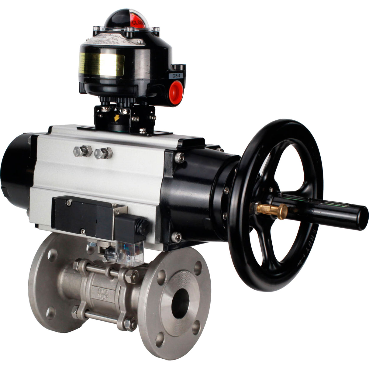 Ball valves Elephant BV3232P(3pc)-FP-F-ISO-H DN65-100 25/40 bar flanged with ISO flange, body - 316 stainless steel, full bore, seal - PTFE, with pneumatic drive PA-DA-105-1, pneumatic distributor 4M310-08 220V, LSU APL-510N Ex