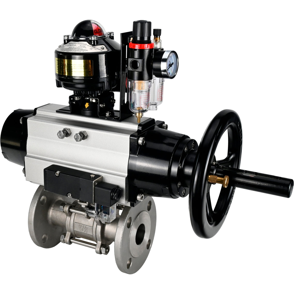 Ball valves Elephant BV3232P(3pc)-FP-F-ISO-H DN65-100 25/40 bar flanged with ISO flange, body - 316 stainless steel, full bore, seal - PTFE, with pneumatic drive PA-DA-105-1, pneumatic distributor 4M310-08 220V, LSU APL-510N Ex, ATU AFC2000