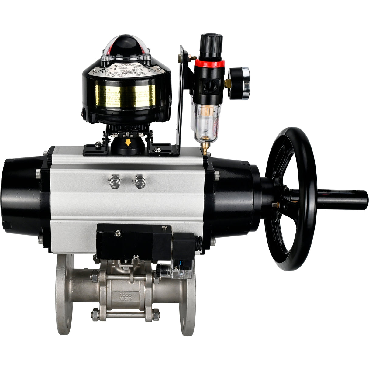 Ball valves Elephant BV3232P(3pc)-FP-F-ISO-H DN65-100 25/40 bar flanged with ISO flange, body - 316 stainless steel, full bore, seal - PTFE, with pneumatic drive PA-DA-105-1, pneumatic distributor 4M310-08 220V, LSU APL-510N Ex, ATU AFC2000