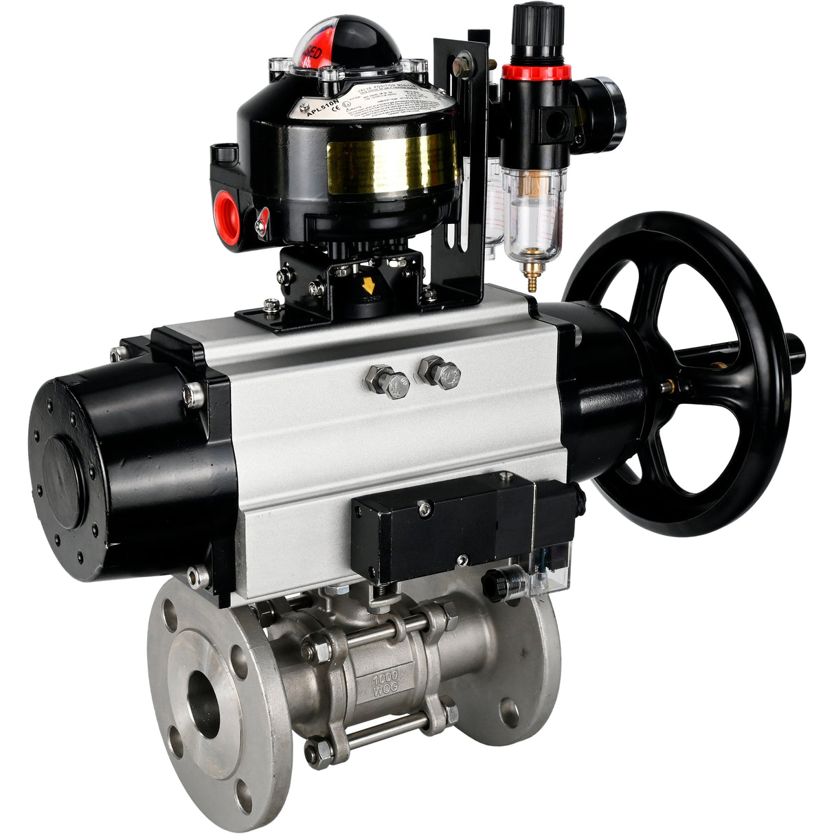 Ball valves Elephant BV3232P(3pc)-FP-F-ISO-H DN65-100 25/40 bar flanged with ISO flange, body - 316 stainless steel, full bore, seal - PTFE, with pneumatic drive PA-DA-105-1, pneumatic distributor 4M310-08 220V, LSU APL-510N Ex, ATU AFC2000
