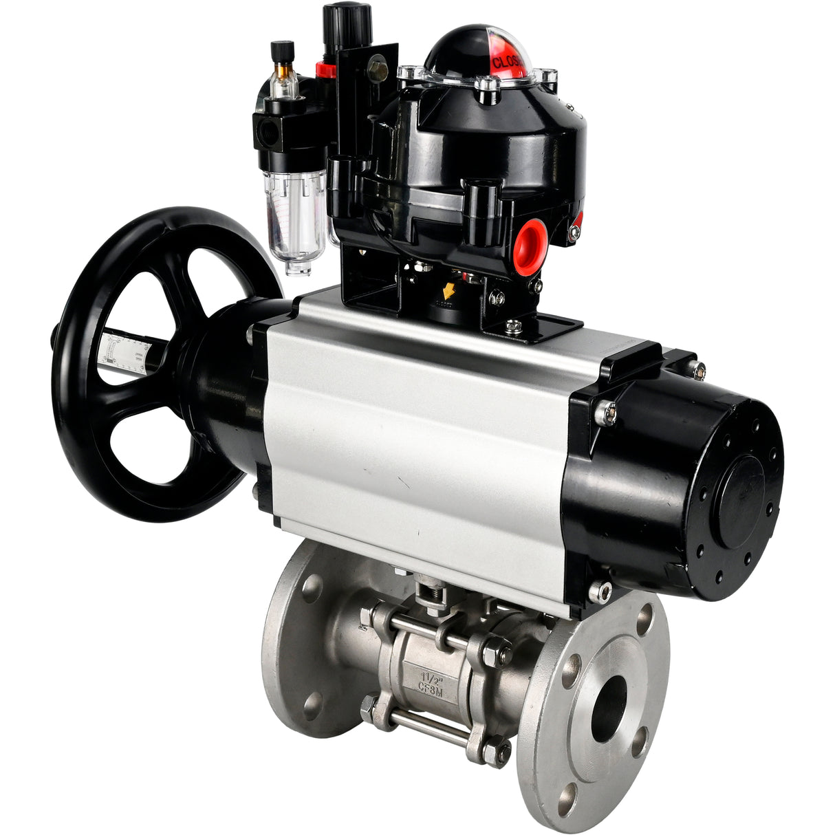 Ball valves Elephant BV3232P(3pc)-FP-F-ISO-H DN65-100 25/40 bar flanged with ISO flange, body - 316 stainless steel, full bore, seal - PTFE, with pneumatic drive PA-DA-105-1, pneumatic distributor 4M310-08 220V, LSU APL-510N Ex, ATU AFC2000