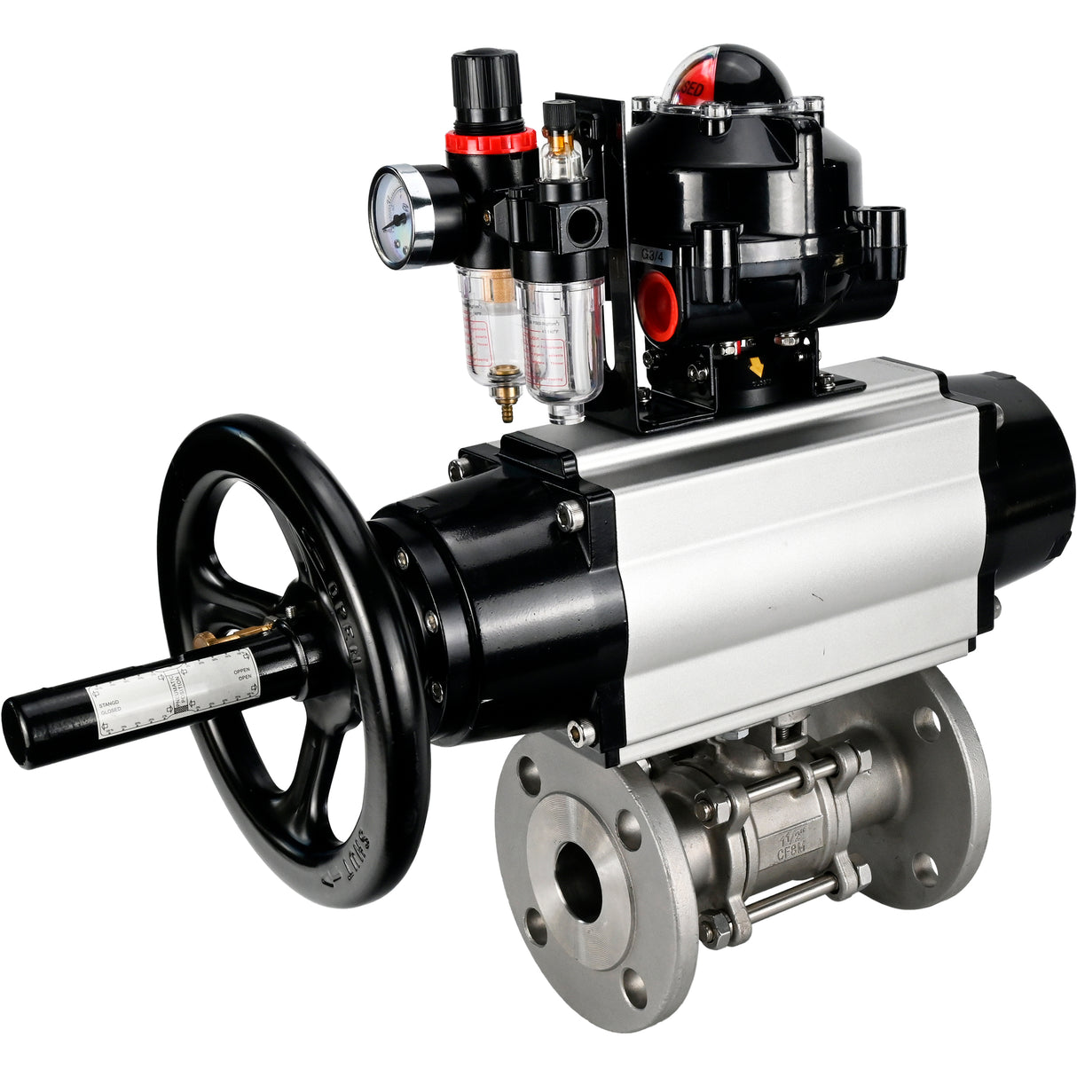 Ball valves Elephant BV3232P(3pc)-FP-F-ISO-H DN65-100 25/40 bar flanged with ISO flange, body - 316 stainless steel, full bore, seal - PTFE, with pneumatic drive PA-DA-105-1, pneumatic distributor 4M310-08 220V, LSU APL-510N Ex, ATU AFC2000